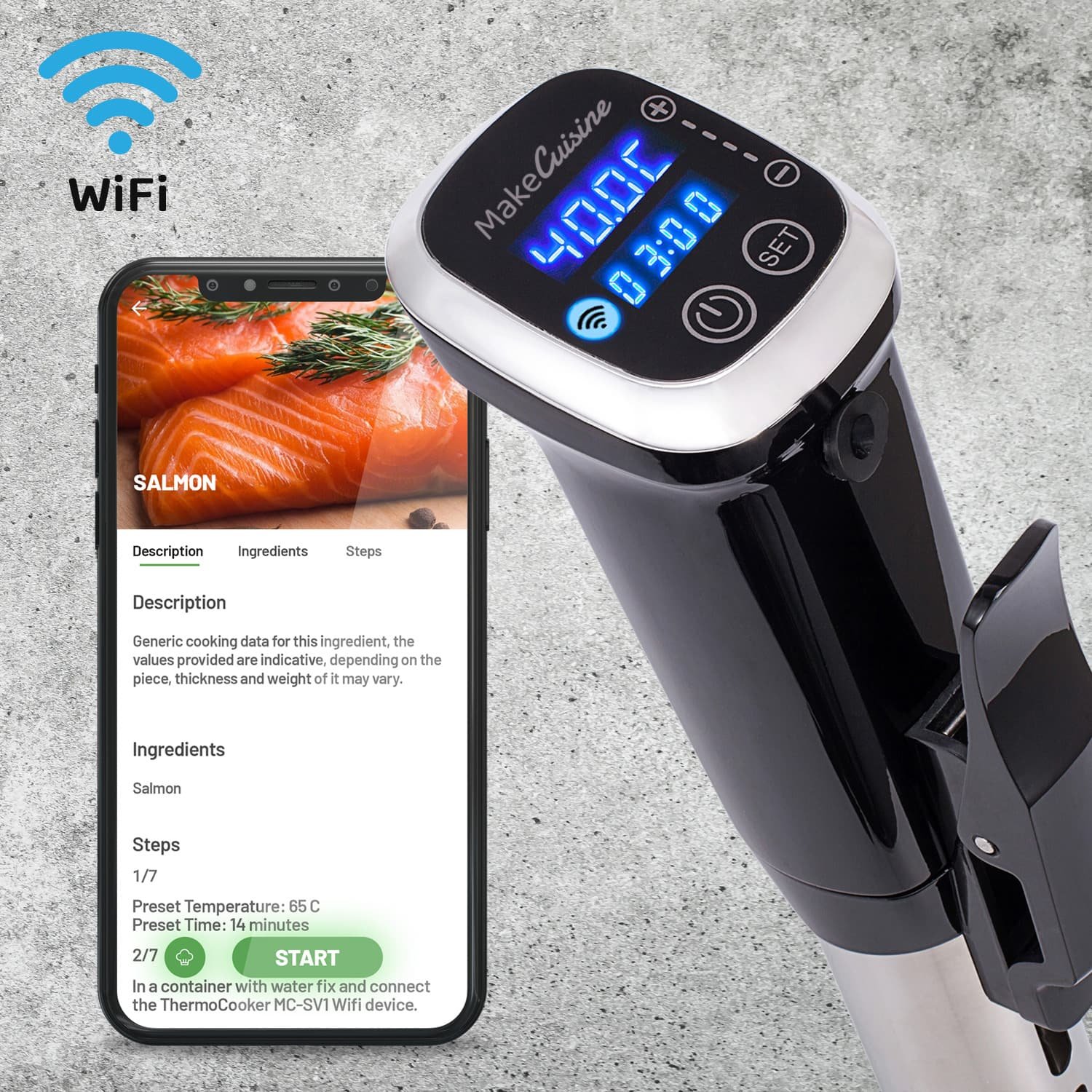 Un teléfono inteligente que muestra los pasos de cocción junto a un dispositivo de sous vide. El dispositivo tiene una pantalla que muestra 40,0°C y 3:00.