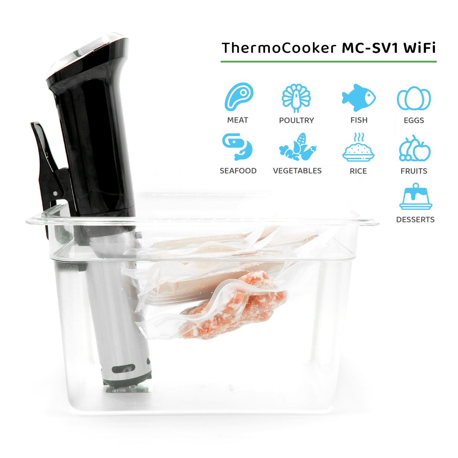 Un circulador de inmersión sous vide en un recipiente transparente con alimentos en una bolsa de vacío.