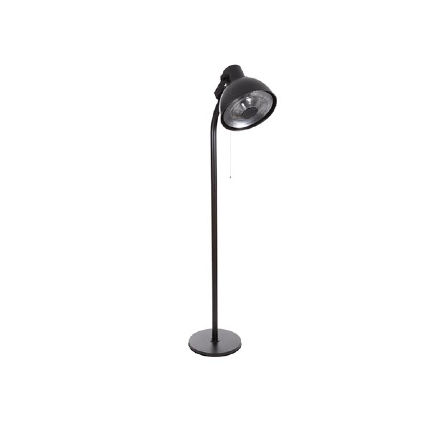 Schwarze Stehlampe mit einem Scheinwerfer. Die Lampe steht auf weißem Hintergrund. Das Licht der Lampe ist nach unten gerichtet.