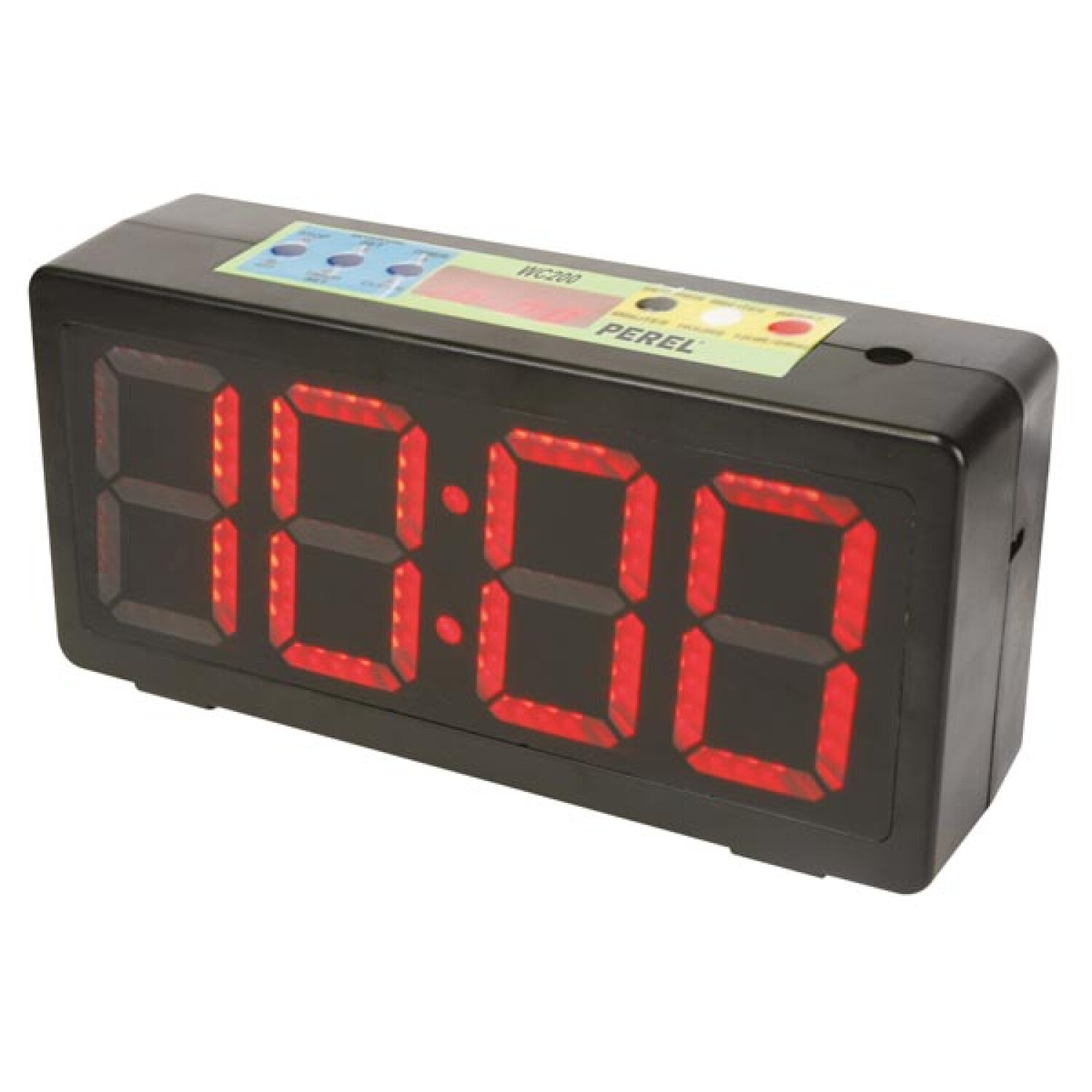 Schwarze Digitaluhr mit roter Zeitanzeige in schwarzem rechteckigen Gehäuse.