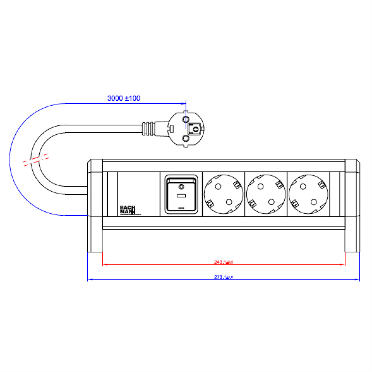 Steckdosenleiste mit vier Steckdosen und einem Schalter, mit Maßen und einem Stecker.