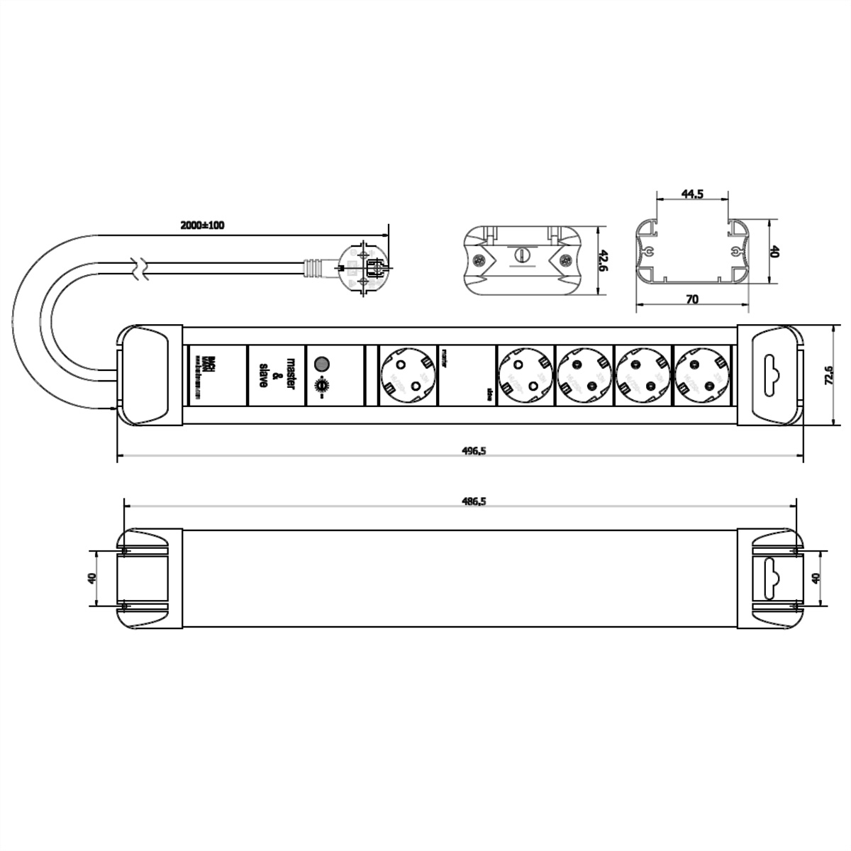 Disegno tecnico di una ciabatta con misure ed etichette.