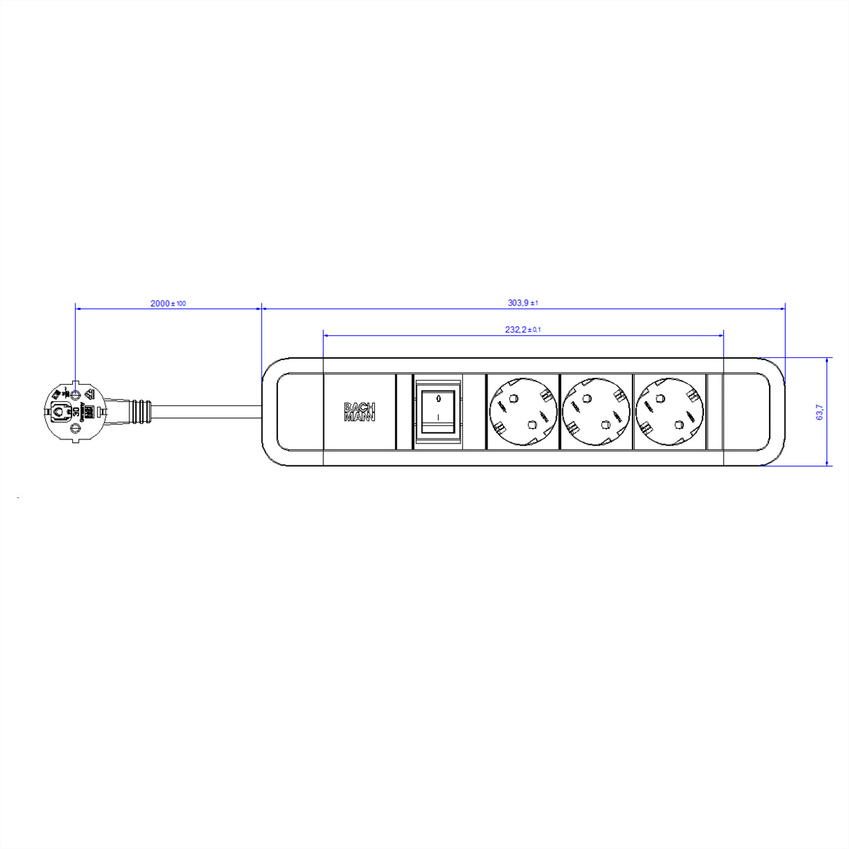 Diagramma tecnico di una presa multipla con dimensioni e spina sul lato sinistro.