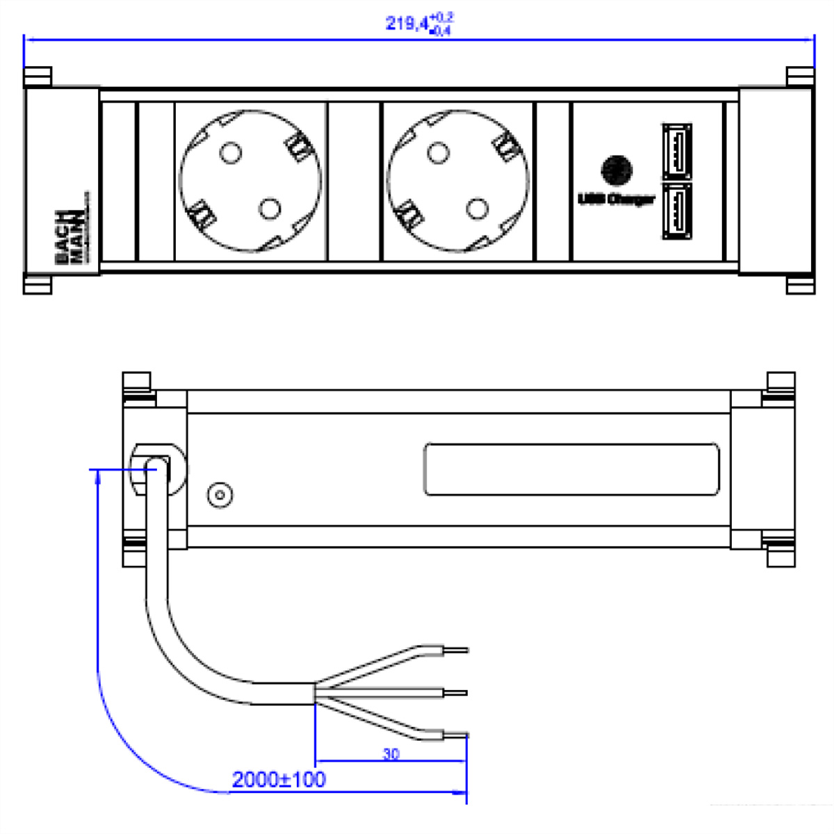 Rysunek techniczny listwy zasilającej z dwoma gniazdami, dwoma portami USB i przewodem zasilającym.