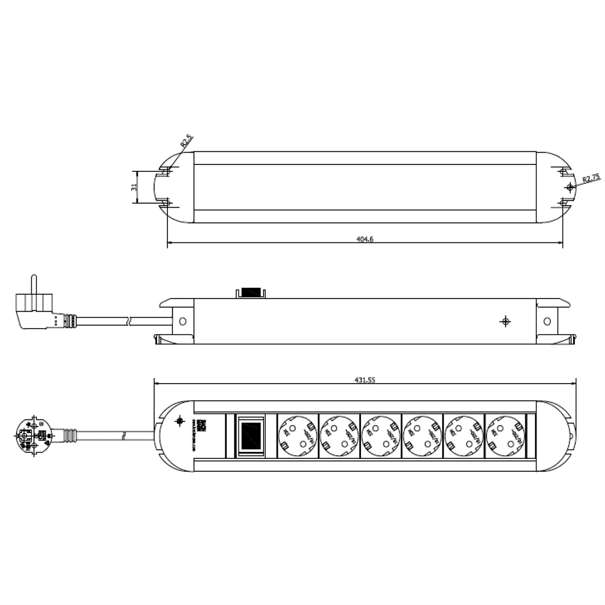Rysunek techniczny listwy zasilającej z wymiarami i szczegółami.