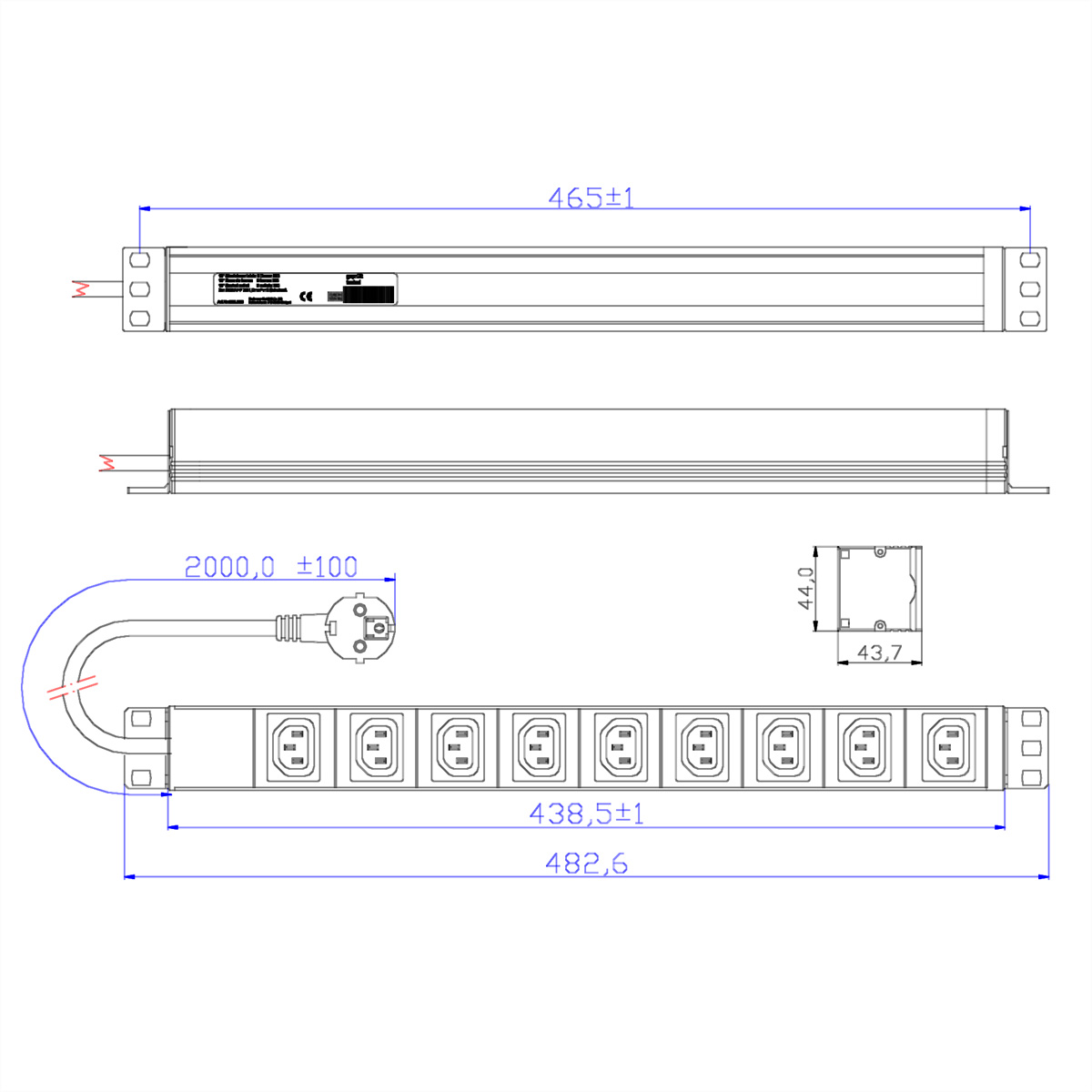 Rysunek techniczny jednostki dystrybucji zasilania (PDU), pokazujący wymiary.
