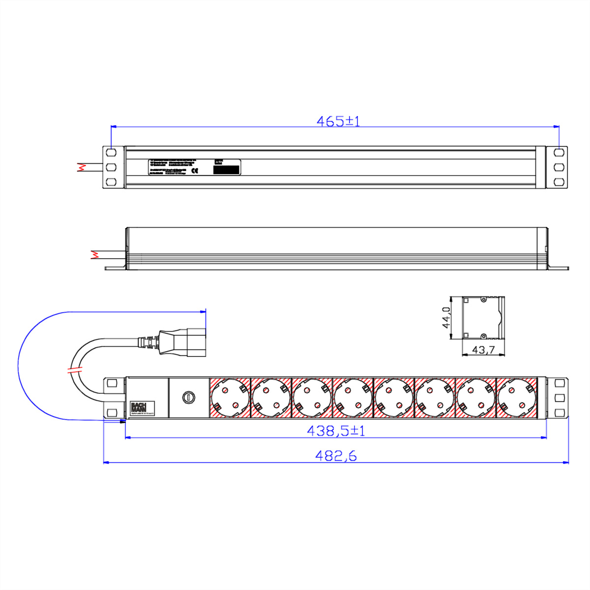Urządzenie elektryczne z ośmioma gniazdami, z pomiarami i podłączonym kablem zasilającym.