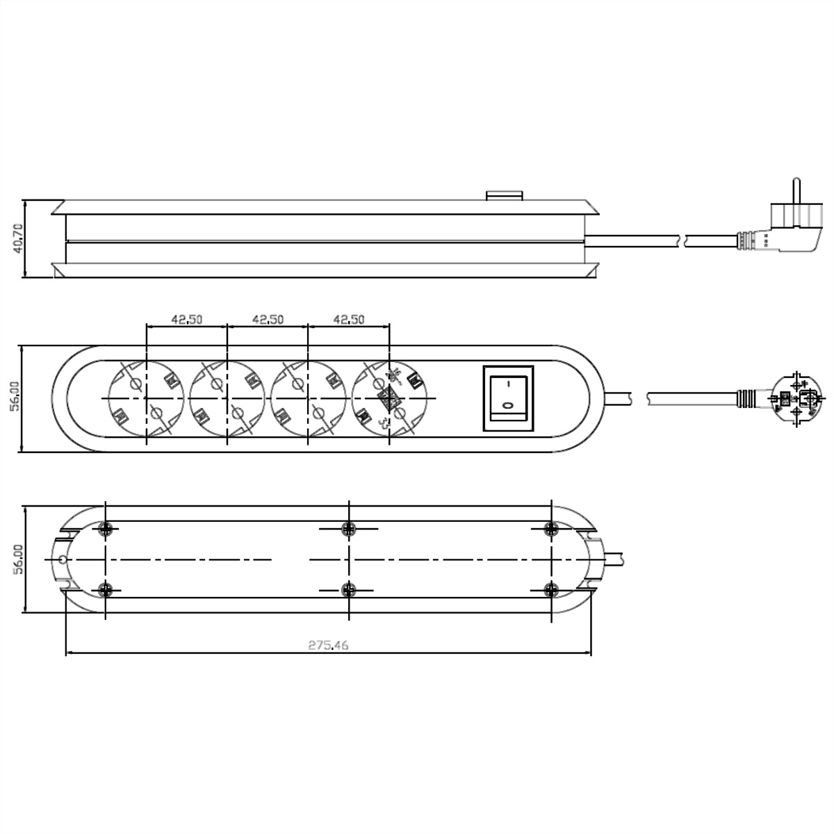 Technische tekening van een stekkerdoos met vier stopcontacten, een schakelaar en afmetingen. De stekker en kabel zijn zichtbaar.