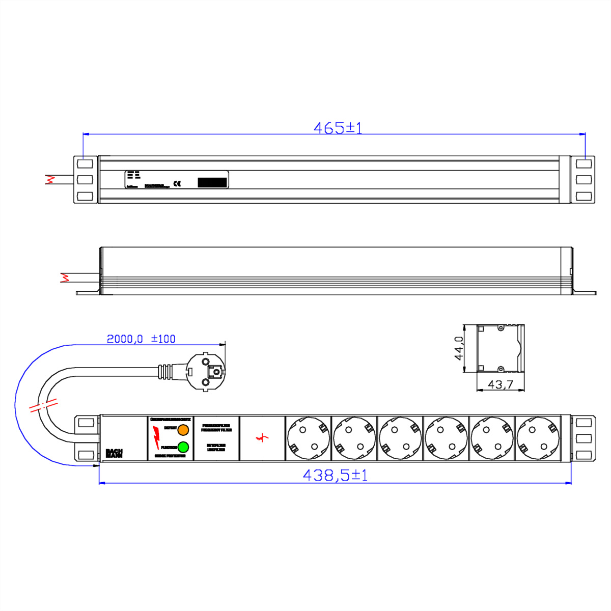 Technische Zeichnung einer Steckdosenleiste mit 8 Steckdosen, Maßen und Stecker links.