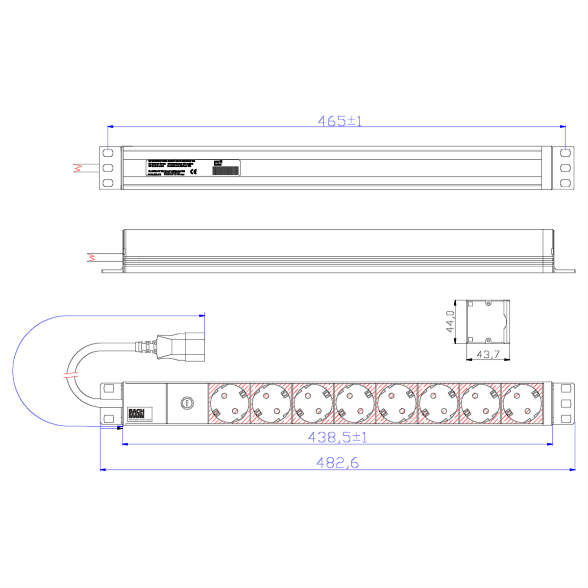 Disegno tecnico di una ciabatta con prese, dimensioni e misure.