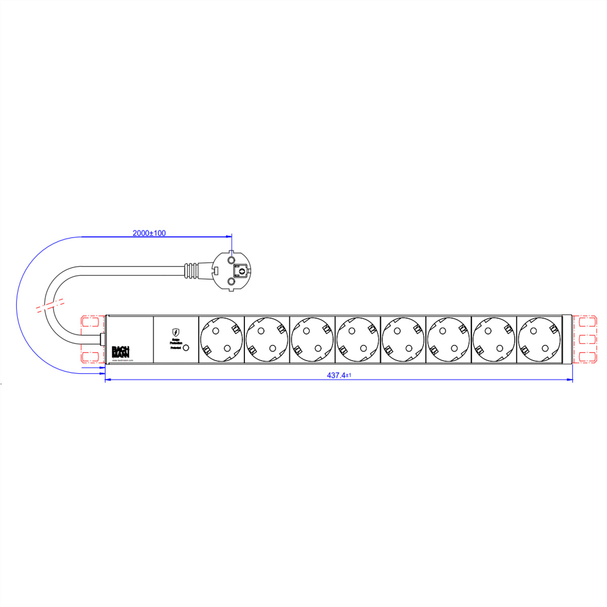 Technische tekening van een stekkerdoos met afmetingen in mm. Witte achtergrond.