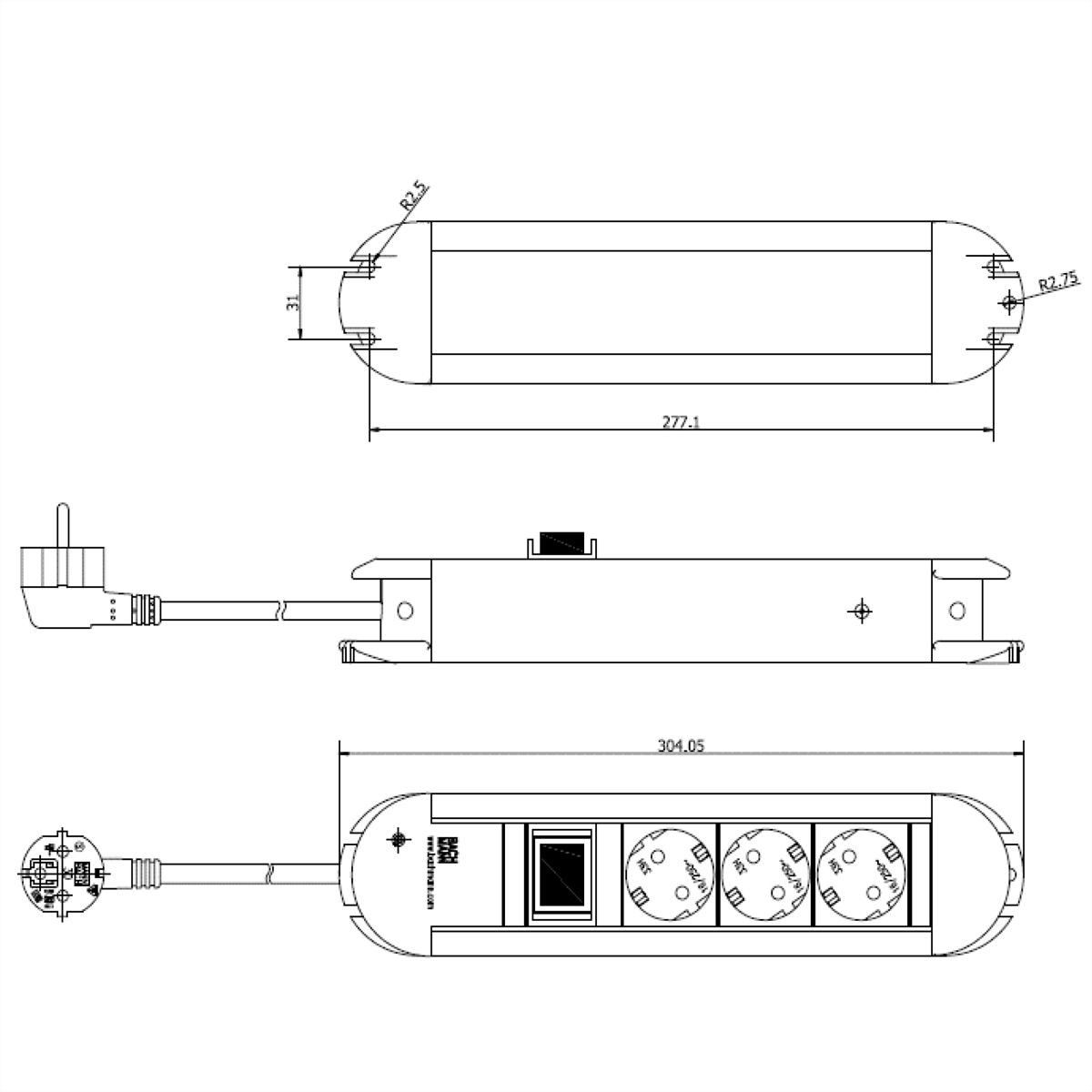 Rysunek techniczny zasilacza. Pokazuje wymiary i wtyczkę. Białe tło i czarne linie.