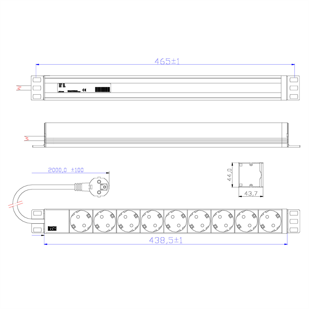 Disegno tecnico di una presa multipla con dimensioni e un cavo di alimentazione. Tutto in bianco.