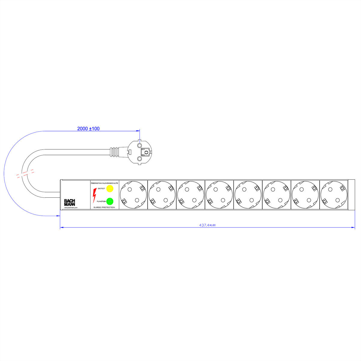 Listwa zasilająca z wieloma gniazdami i wtyczką. Posiada ochronę przeciwprzepięciową i markę Bachmann.