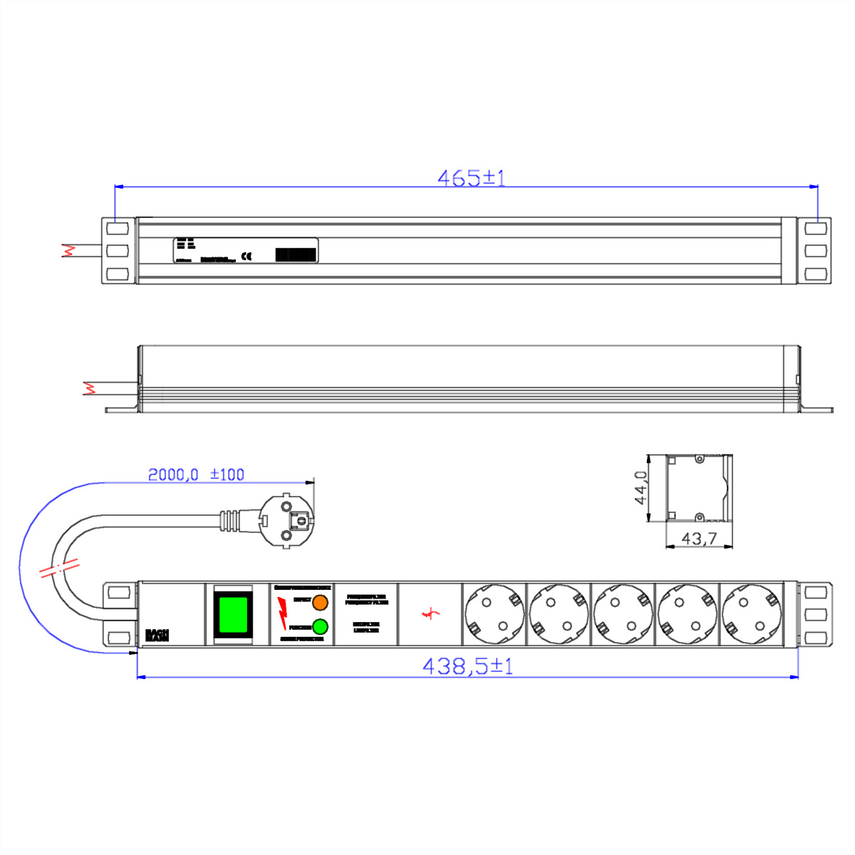 Schemat listwy zasilającej z wymiarami i różnymi gniazdami.