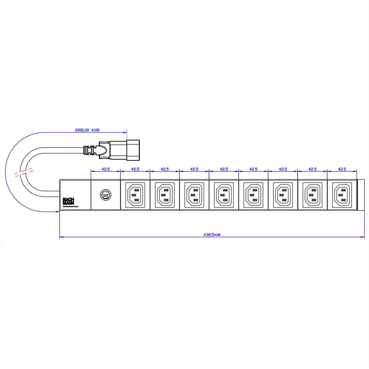 Rysunek techniczny listwy zasilającej z wieloma gniazdami i oznaczonym kablem.
