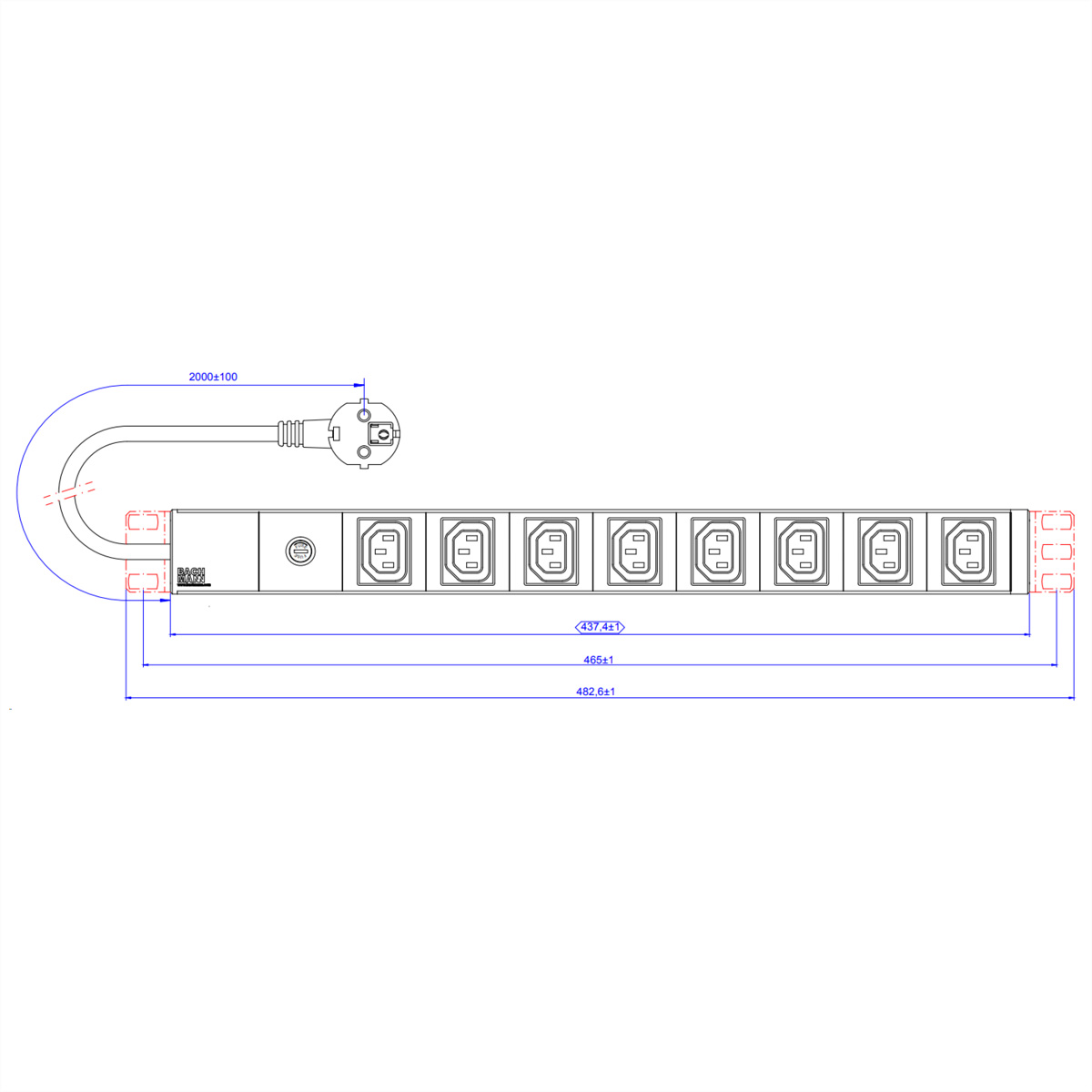 Disegno tecnico di una ciabatta con dimensioni e una spina.