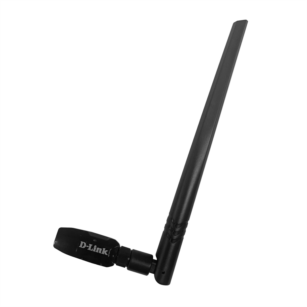 Czarna antena D-Link, ustawiona pod kątem, z logo D-Link na podstawie.