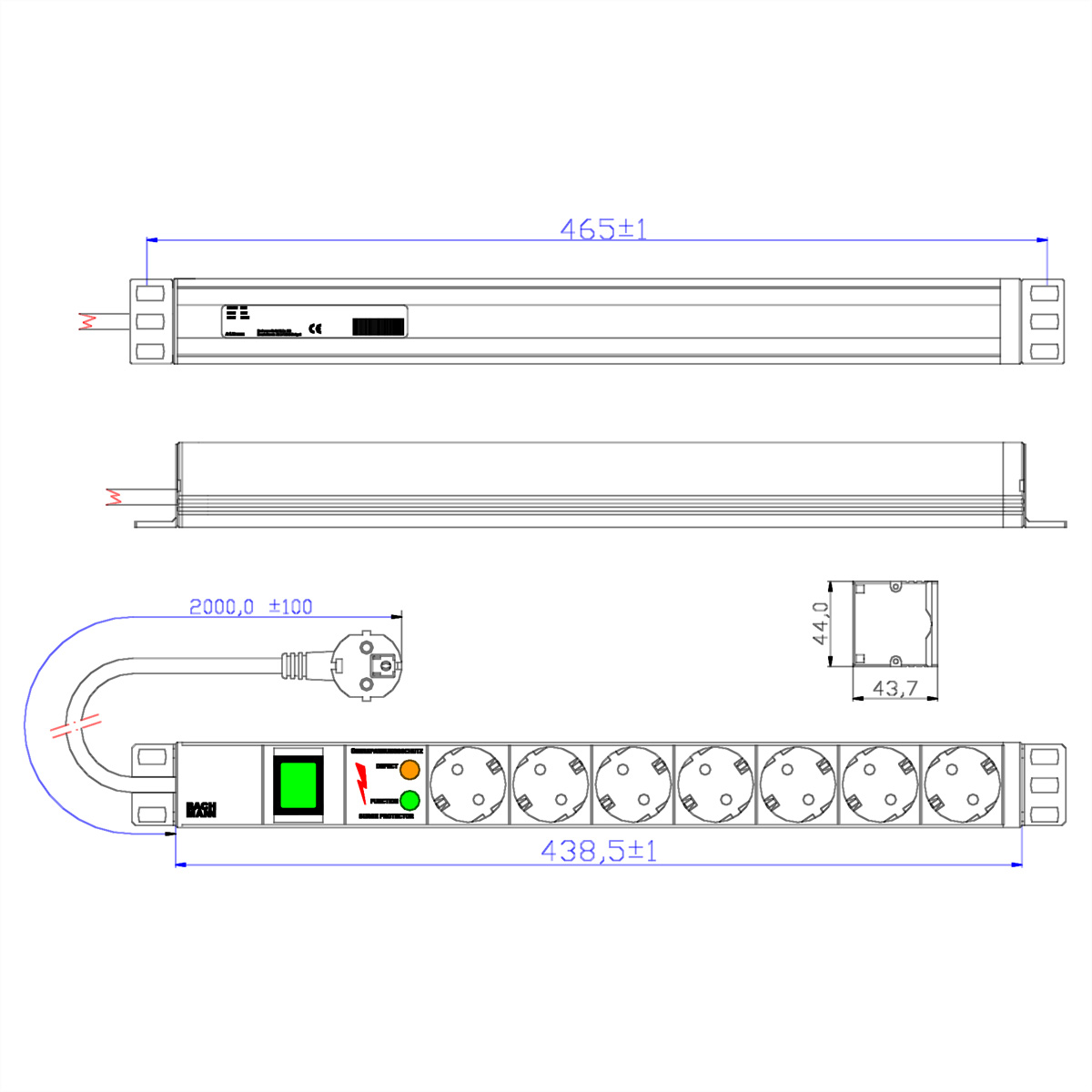 Rysunek techniczny listwy zasilającej z wymiarami i szczegółami.
