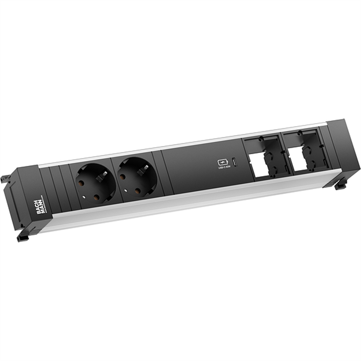 Eine schwarze Steckdosenleiste mit Steckdosen und USB-Anschlüssen.