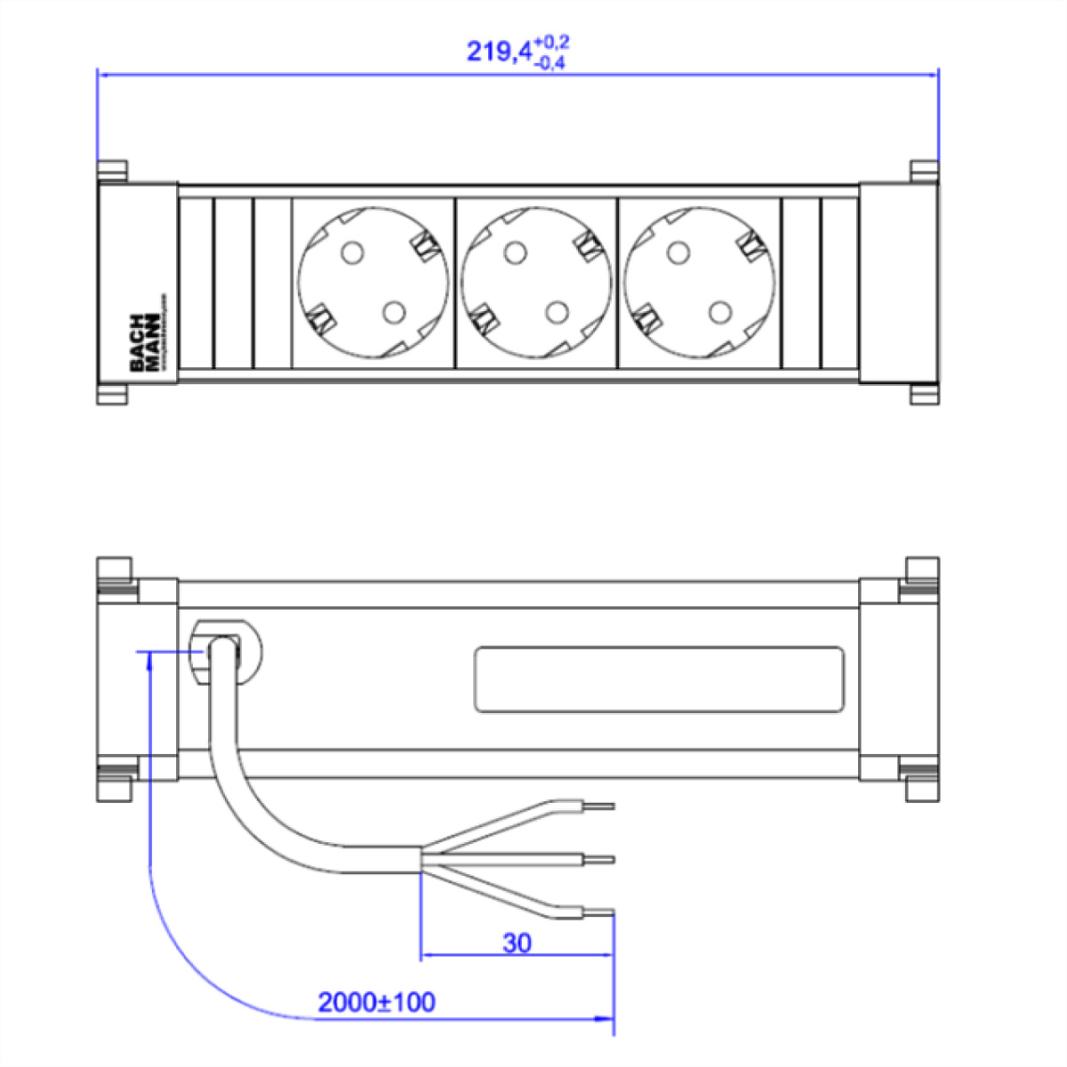 Rysunek techniczny elementu elektronicznego. Zawiera wymiary: 219,4 mm, 2000 mm.