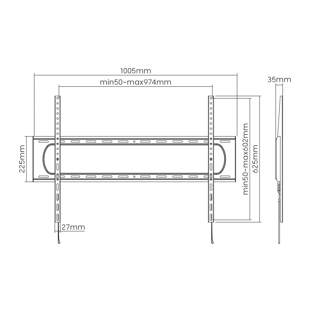 Diagram van een zwarte tv-muurbeugel. Toont afmetingen en locaties van montagegaten.