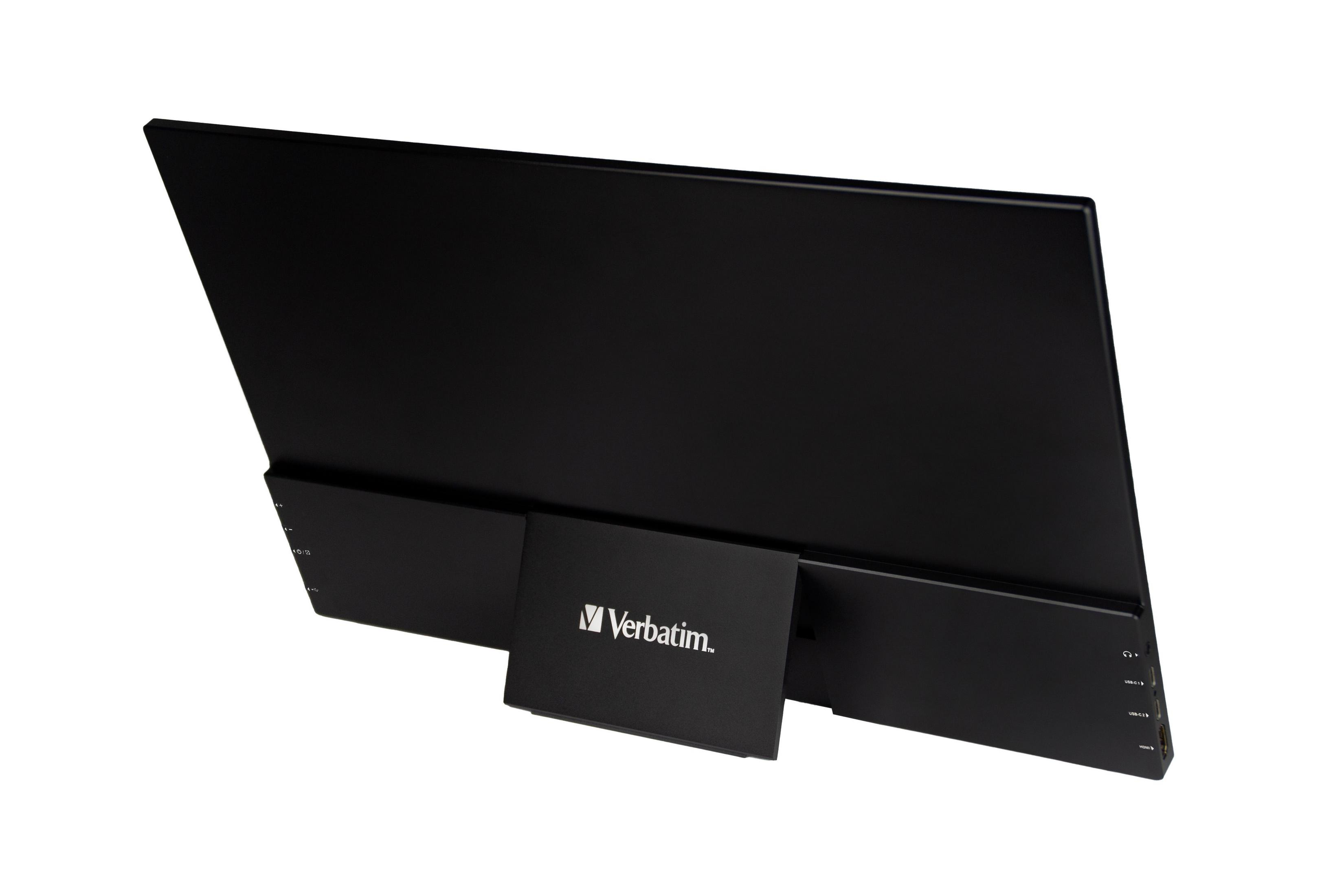 Tył czarnego monitora z logo Verbatim i portami. Znajduje się na białym tle.