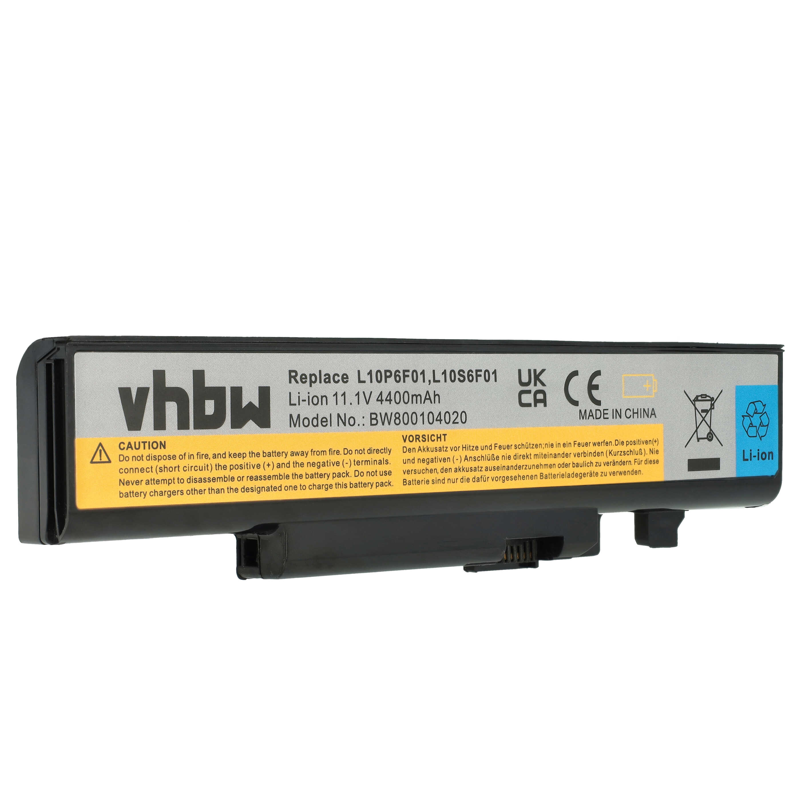 Schwarz-gelbe Batterie. Enthält Warnhinweise und Spezifikationen. Hat UK- und CE-Kennzeichnung.