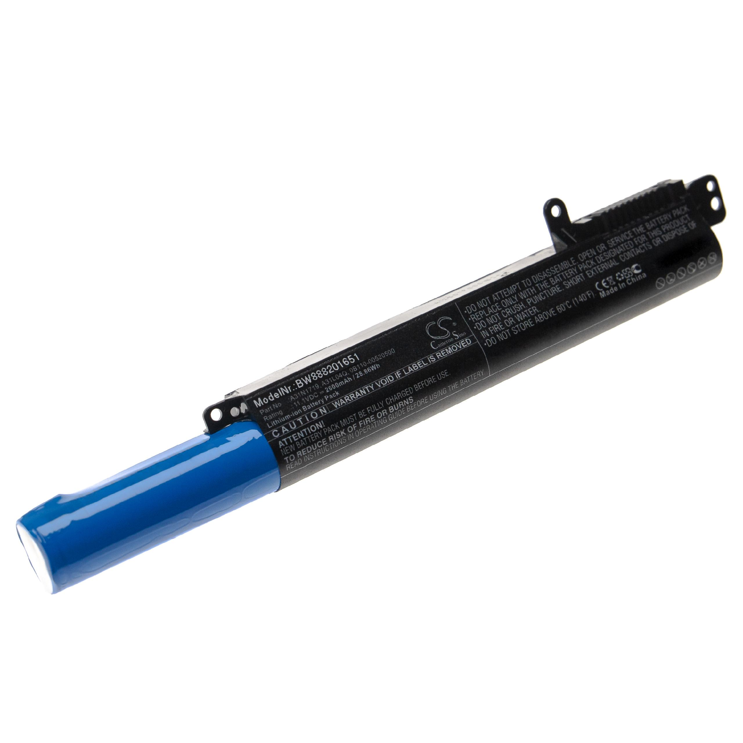 Eine schwarz-blaue zylindrische Batterie mit Text und Warnhinweisen.