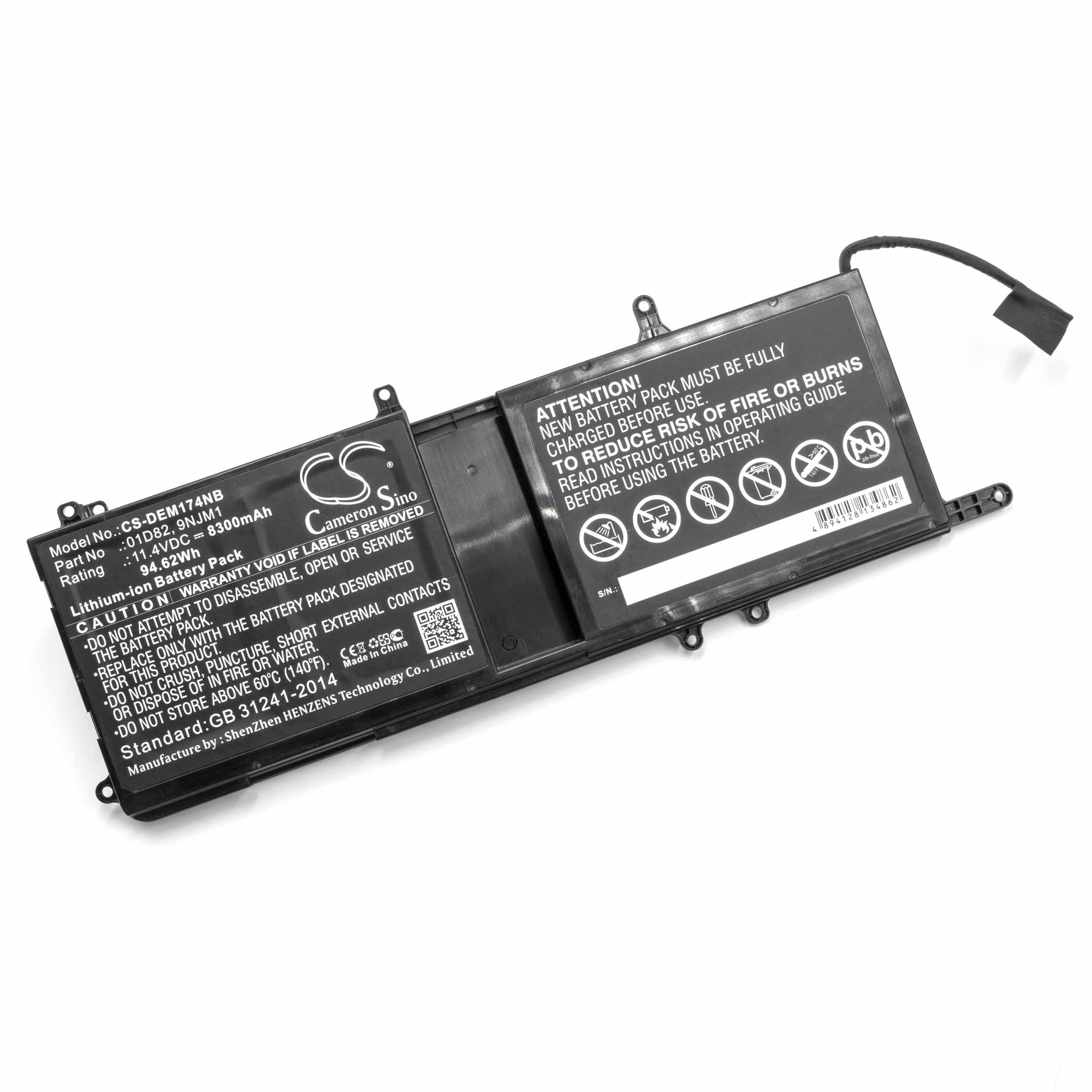 Schwarzer Laptop-Akku mit Etiketten, isoliert auf Weiß. Enthält Warnungen und Textinformationen.