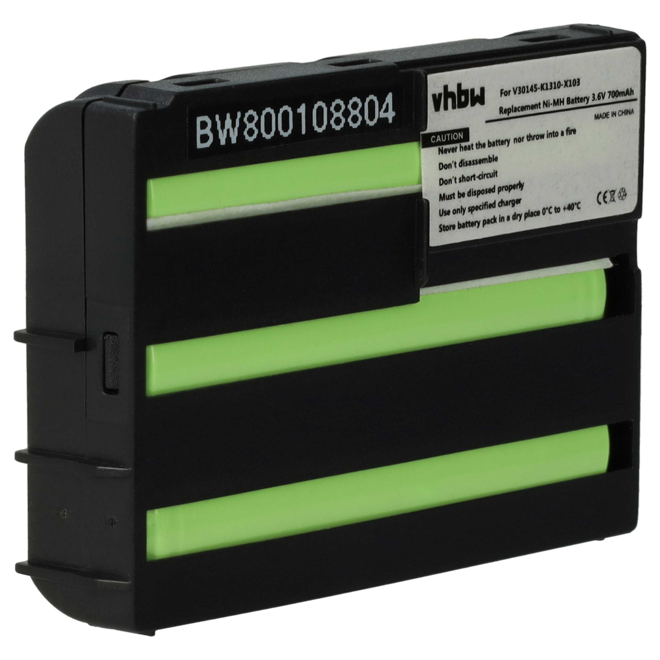 Schwarzer Akku mit grünen Innenteilen. Es hat weißen Text: VhbW für V30145-K1310-X103, 3,6V 700mAh.