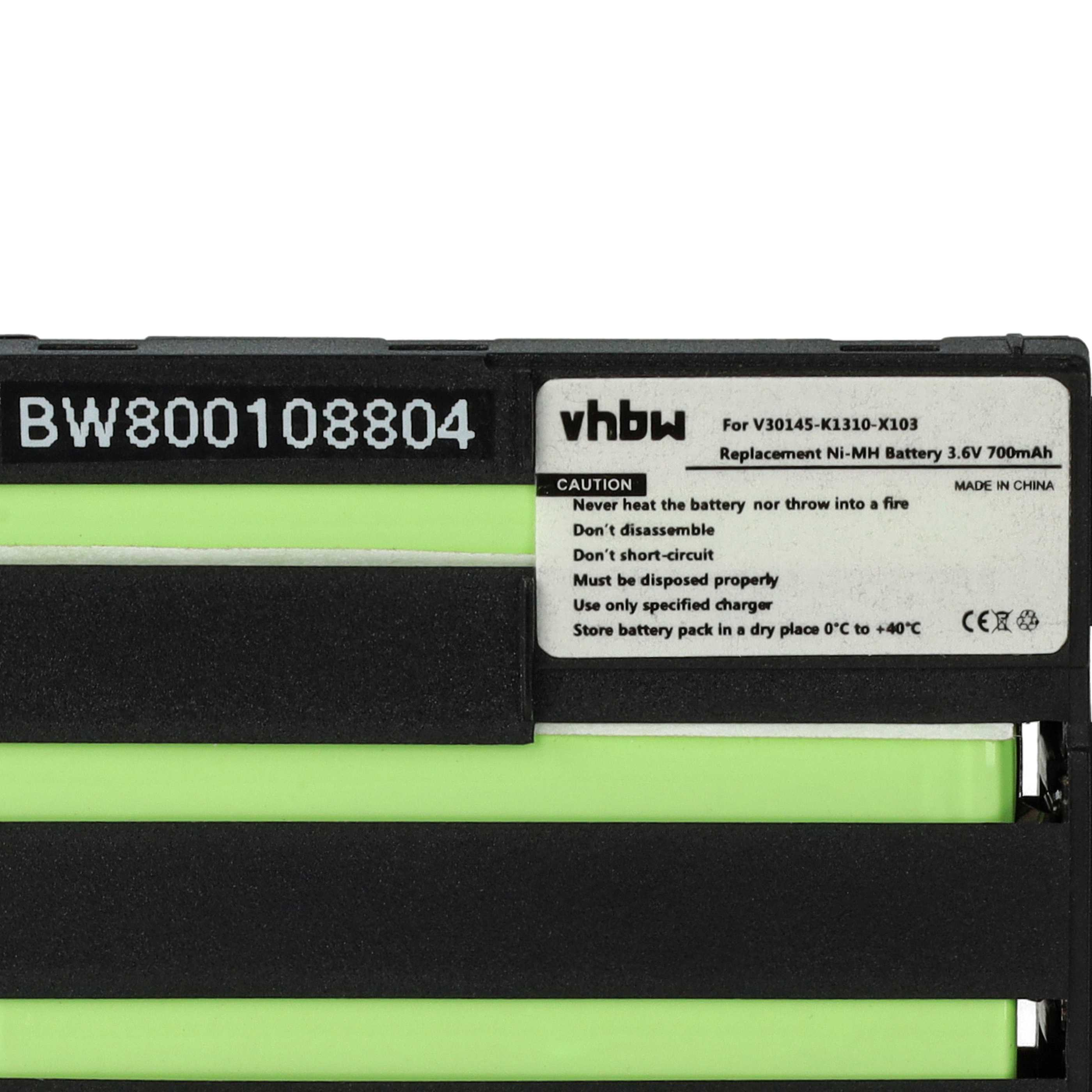 Schwarze und grüne Batterie. Weißer Text mit Warnungen. Schwarzer Rahmen. Weißer Hintergrund.