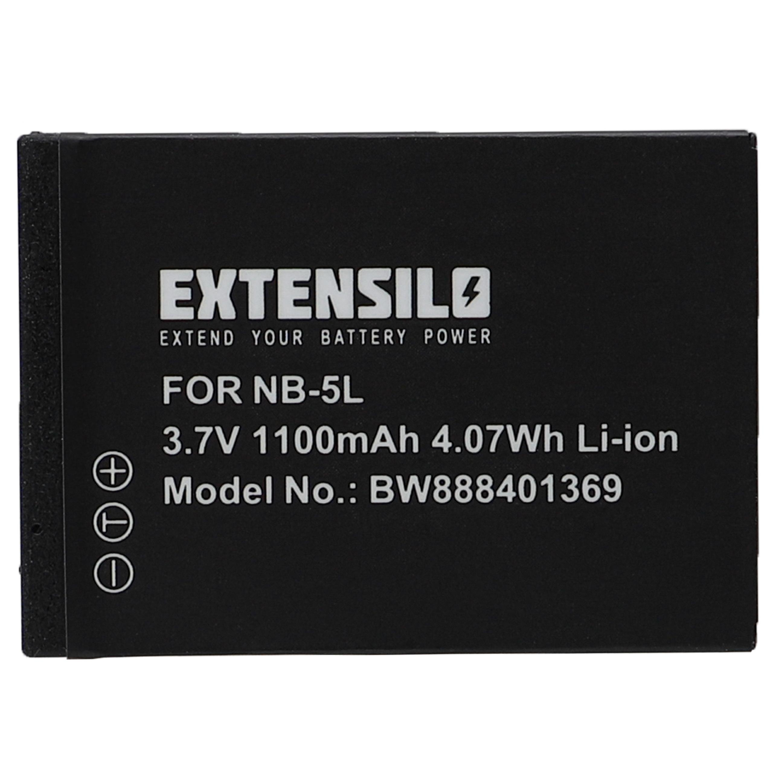 Schwarzer Akku mit weißem Text. Der Text lautet Extensilo, For NB-5L und andere Informationen.