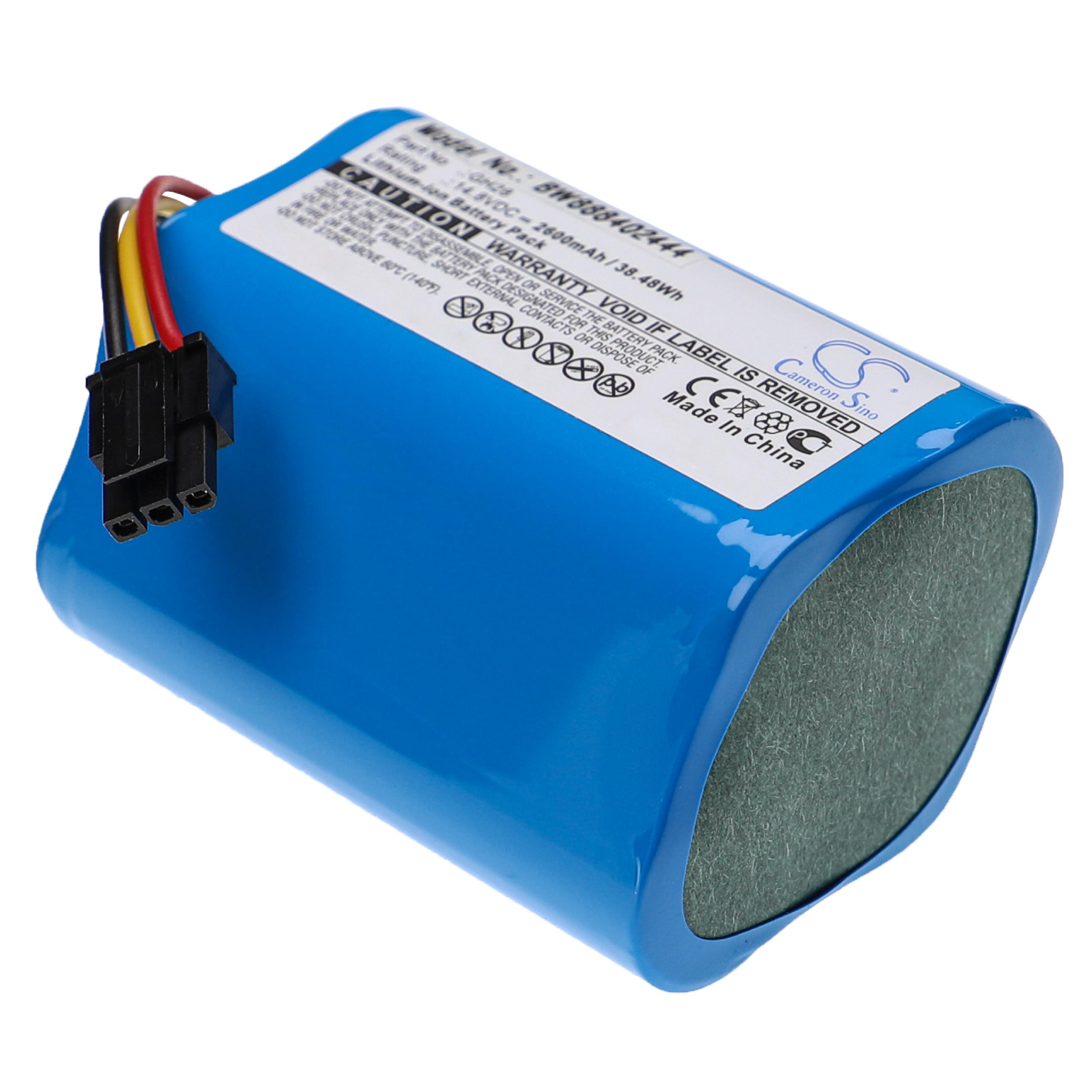 Blauer Akkusatz mit Stecker und Etiketten.