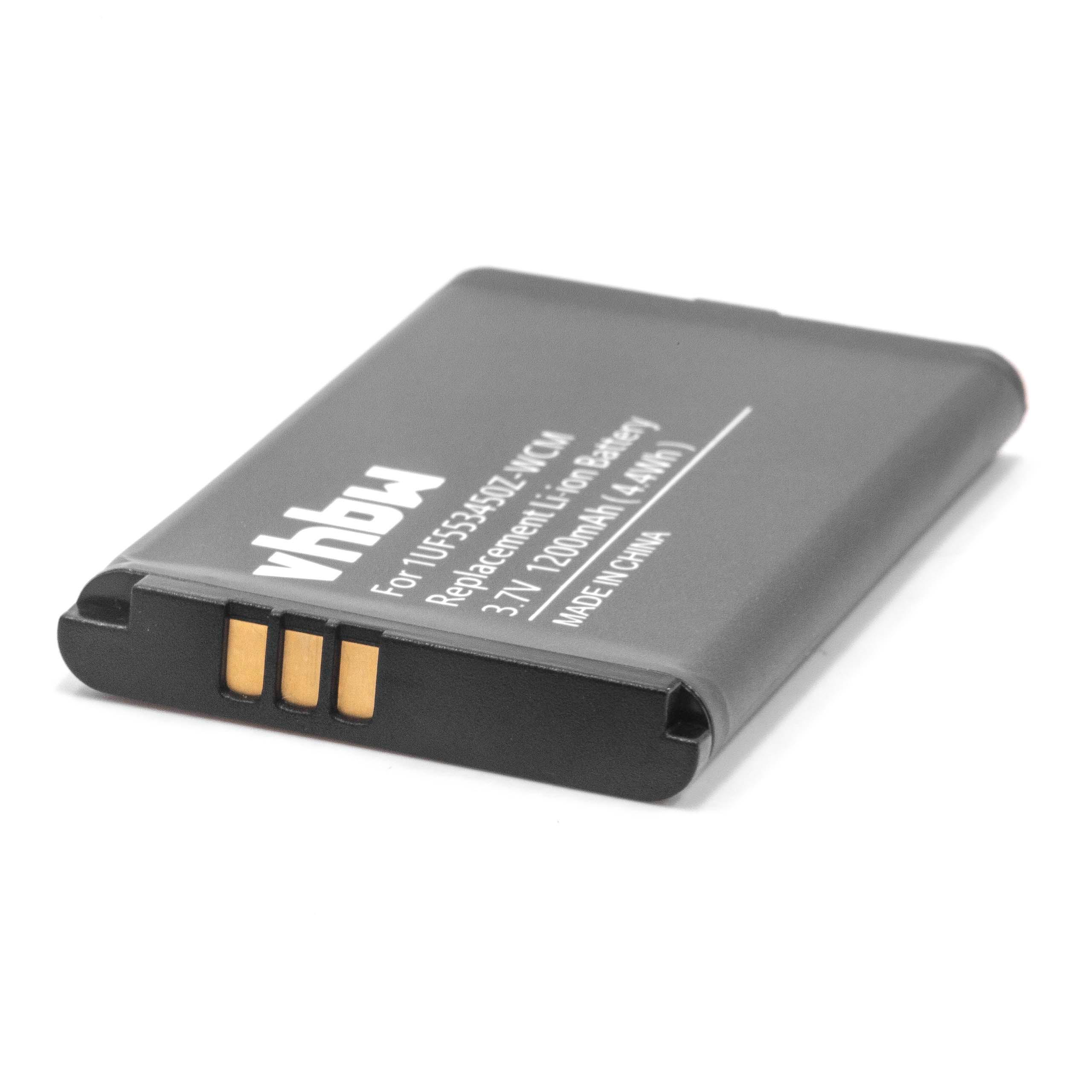 Graue rechteckige Batterie mit Text, weißer Hintergrund, leicht geneigt.