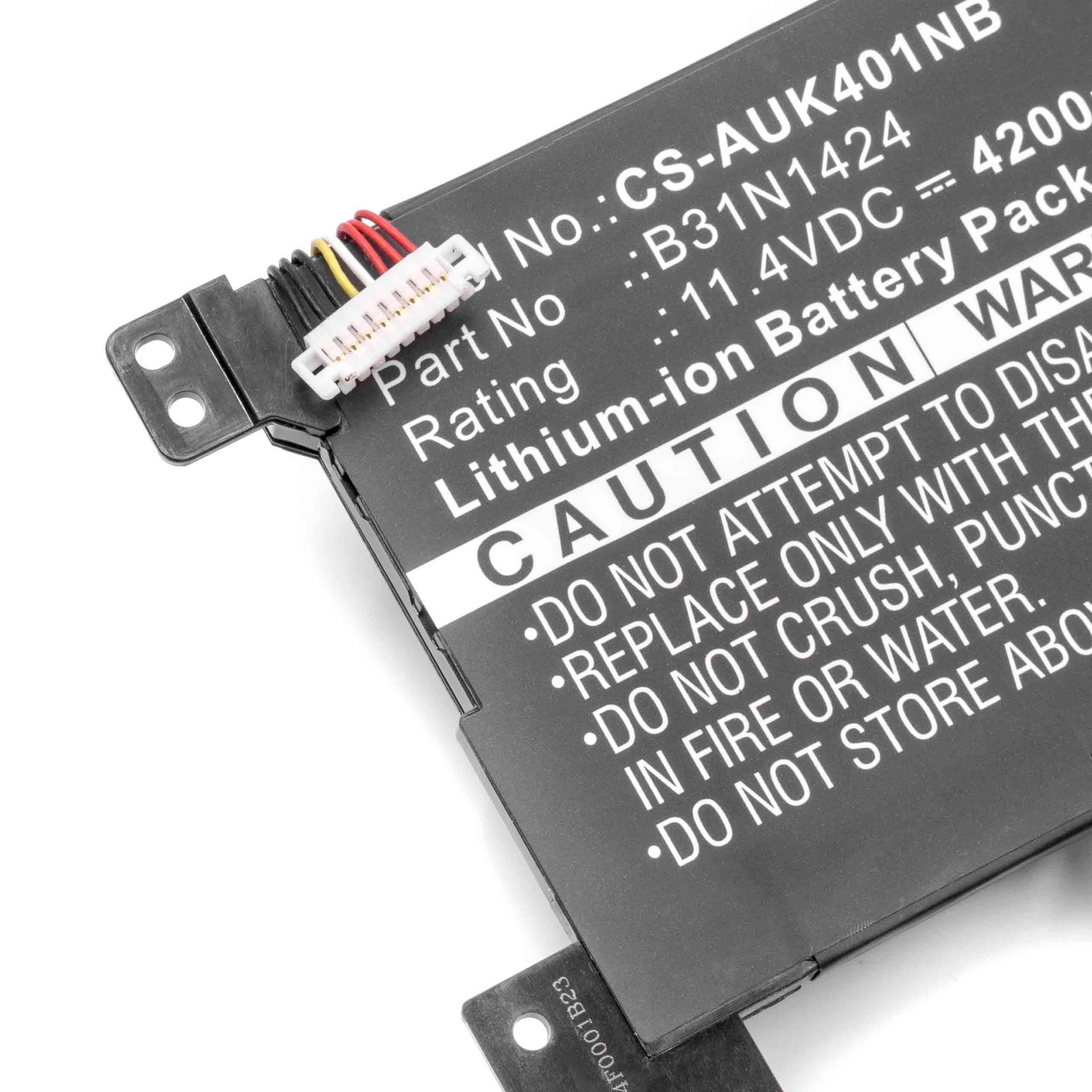 Lithium-Ionen-Akku mit Warntext und Anschlüssen. Weißer Text auf Schwarz.