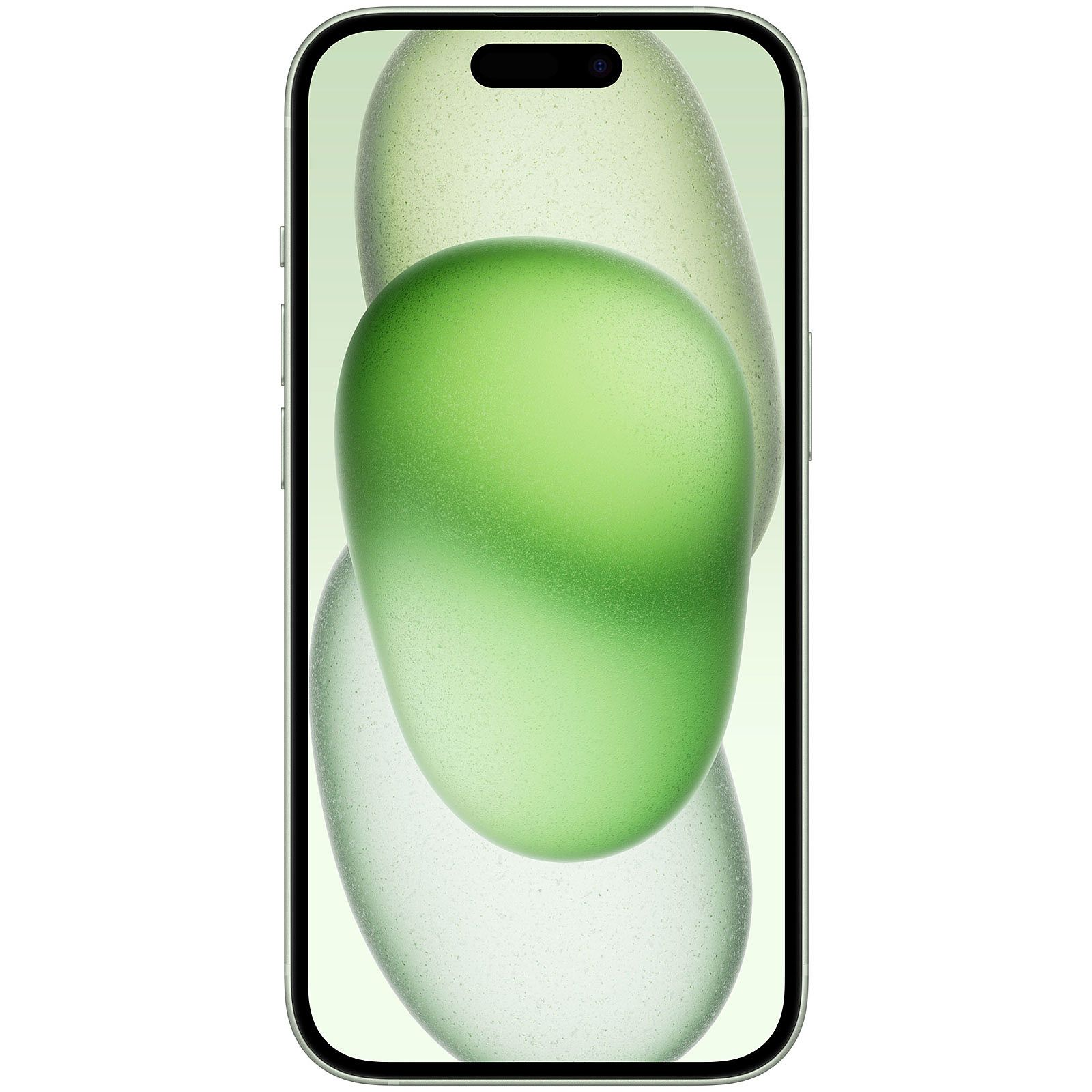 Un iPhone verde, vista frontale. Lo schermo mostra forme verdi sfocate. Lo sfondo è verde chiaro.