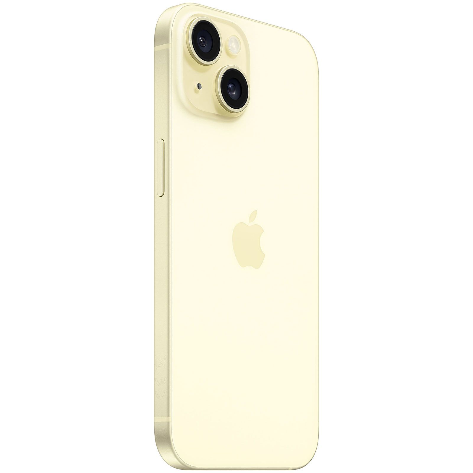 Un iPhone giallo con doppia fotocamera e logo Apple sul retro.