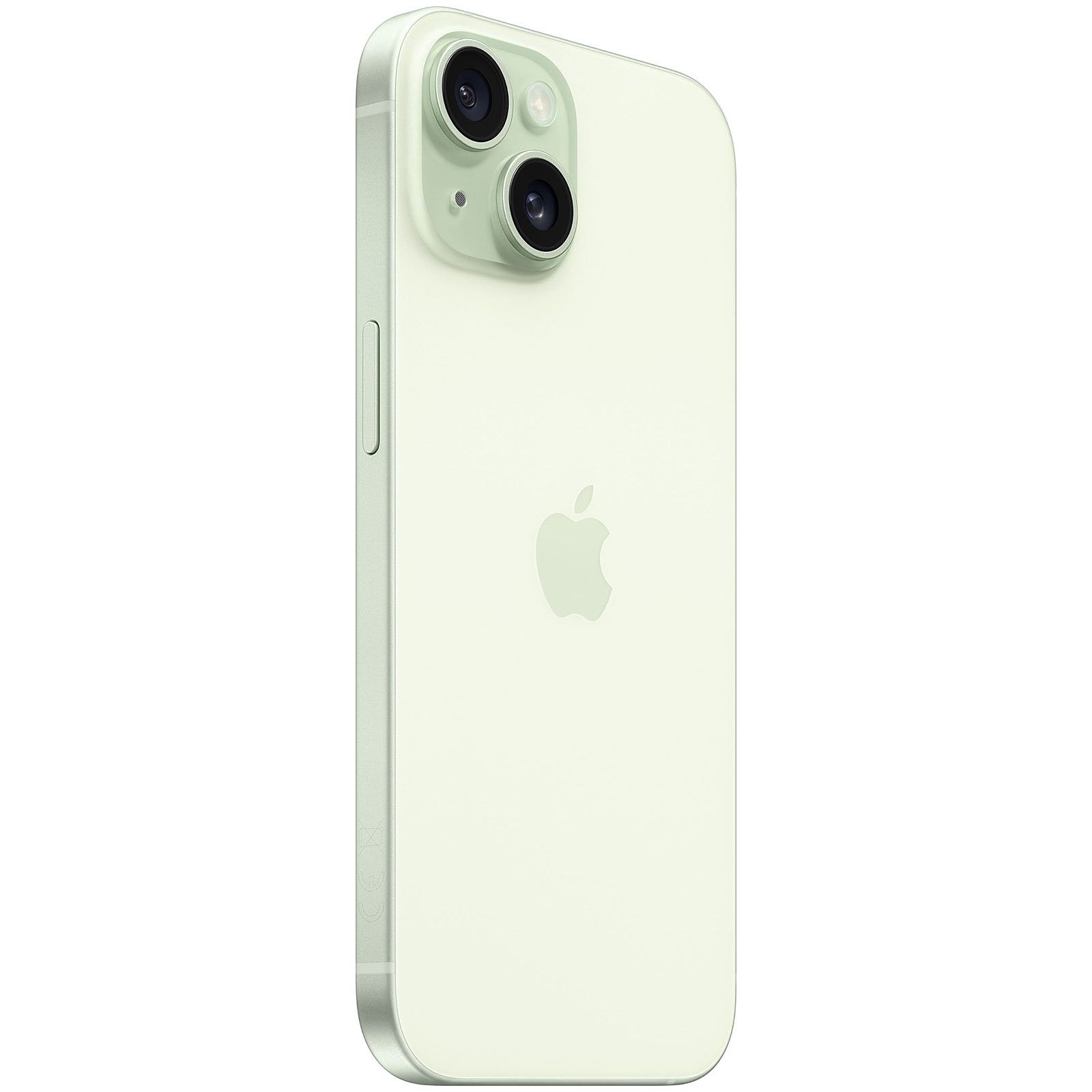 Un iPhone verde chiaro, visto da dietro, che mostra le lenti della fotocamera e il logo della mela.