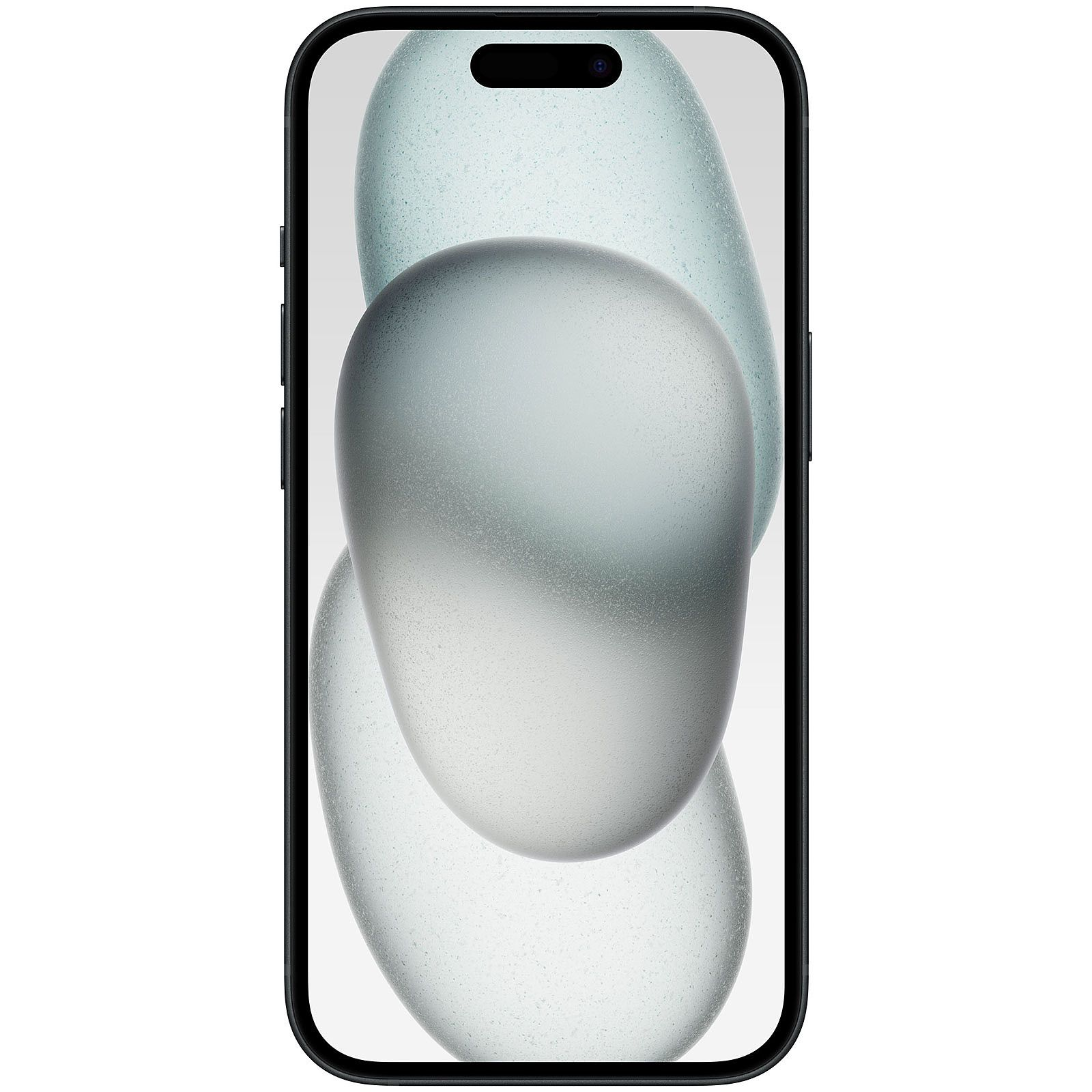 Smartphone nero con schermo grande con forme astratte, blu chiaro e arrotondate.