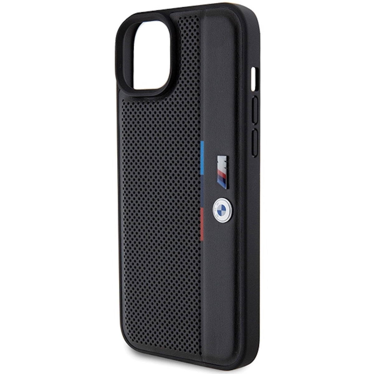 Custodia per telefono nera con logo BMW e lato perforato. La custodia ha una superficie strutturata.