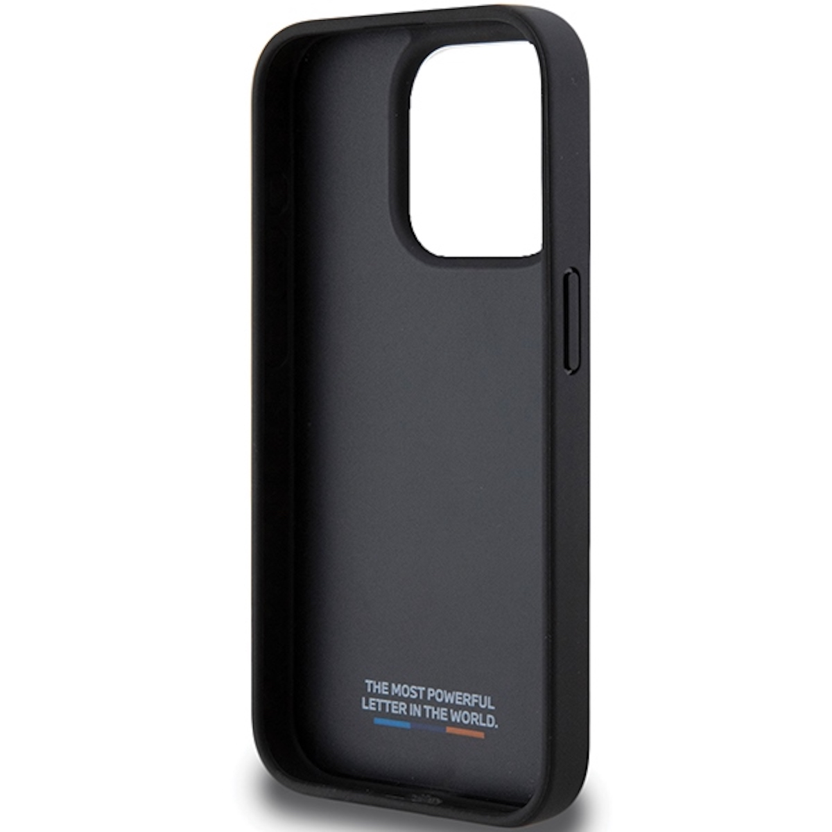Custodia nera per telefono con foro per la fotocamera. Sfondo bianco.