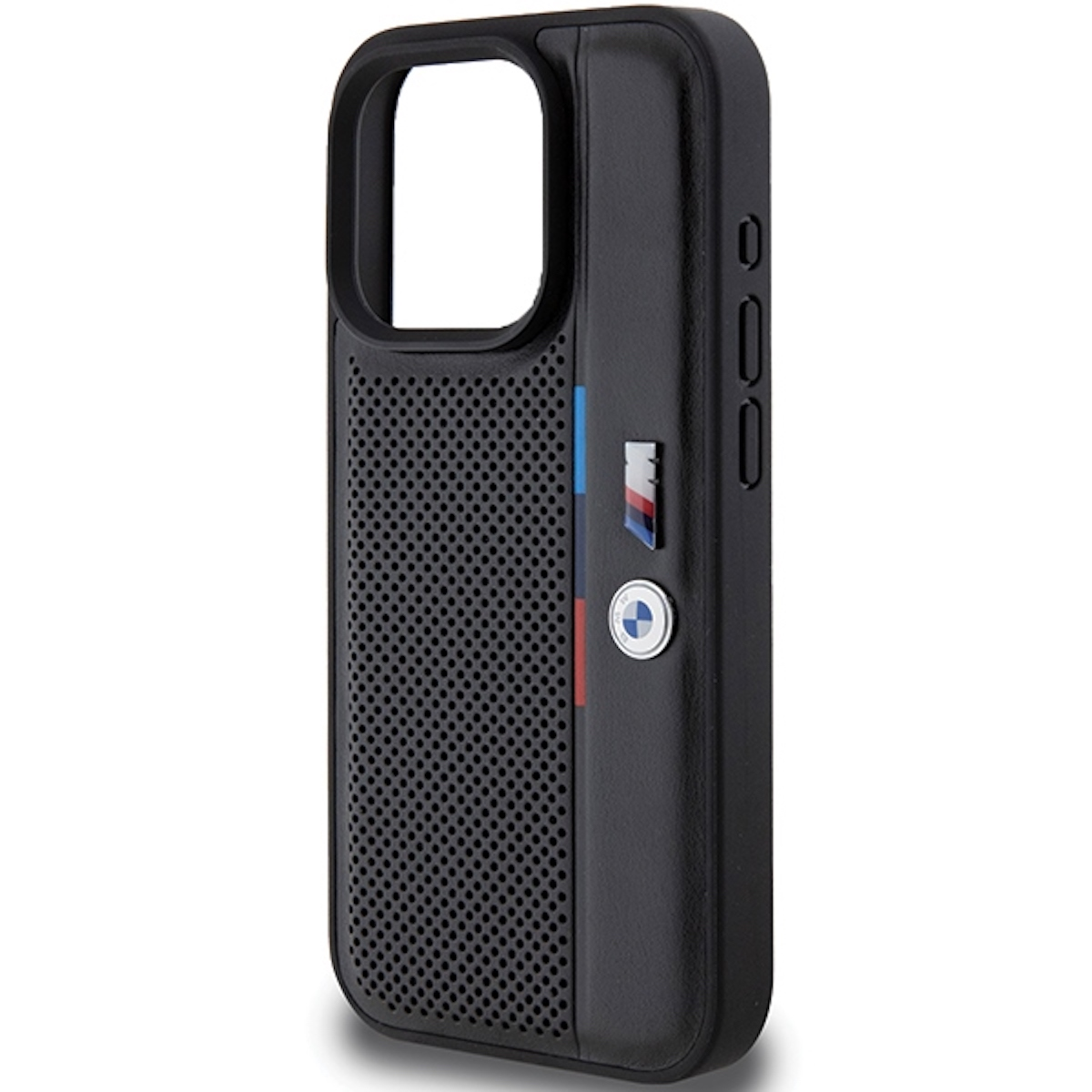 Una custodia per telefono nera con logo BMW, design perforato e strisce rosse, blu e bianche.