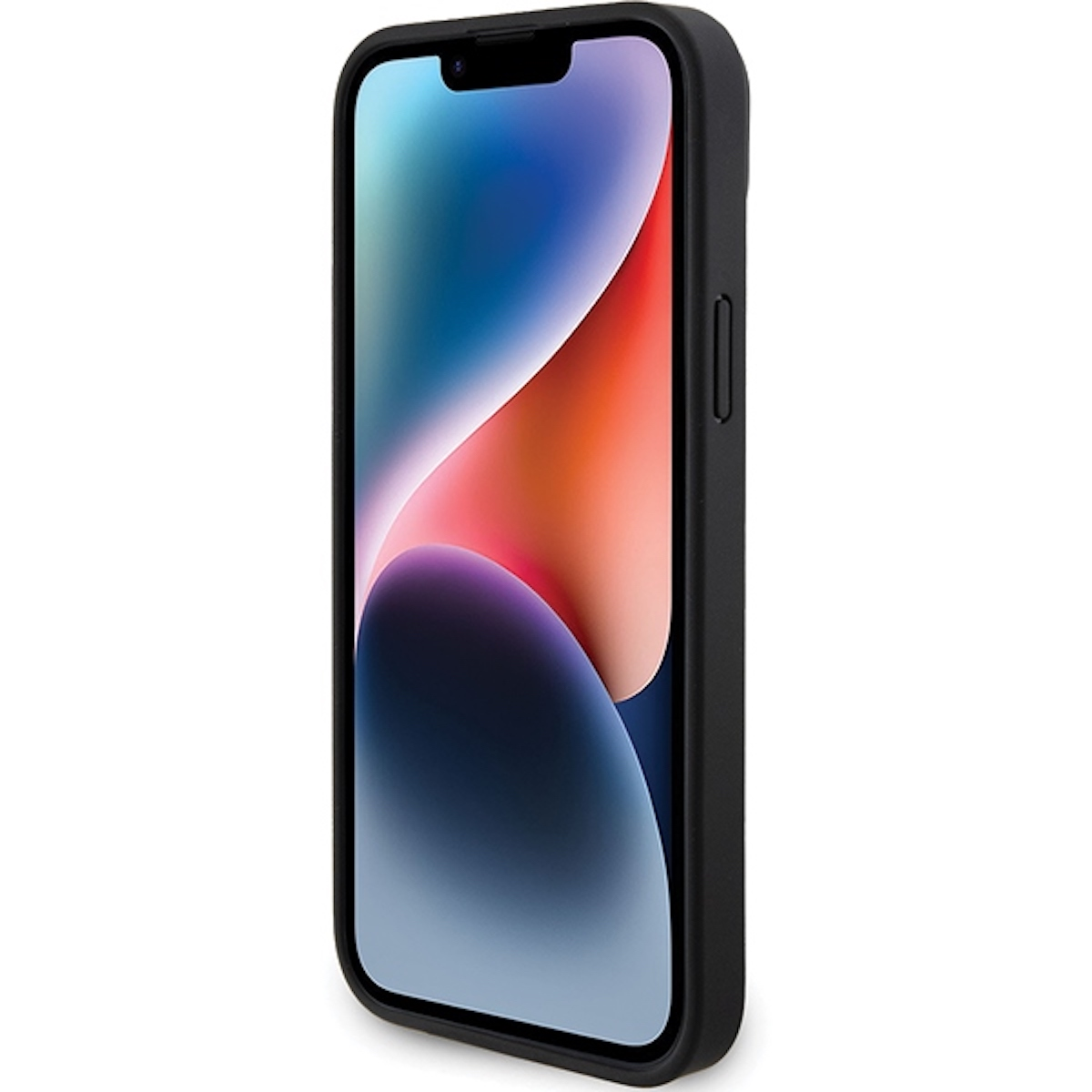 Custodia nera per telefono su un telefono nero. Il telefono mostra un display. Vista laterale.
