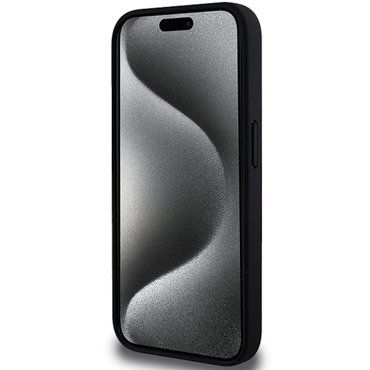 iPhone nero in una custodia nera, che mostra un motivo ondulato sullo schermo, vista angolata.