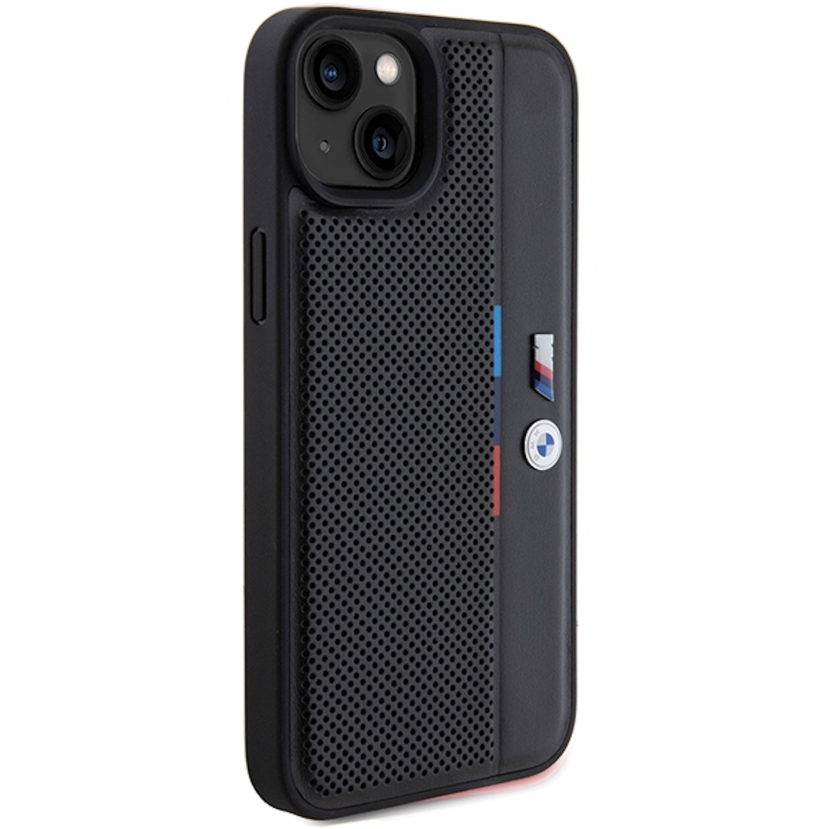 Custodia per telefono nera con design a rete e logo BMW, su sfondo bianco.