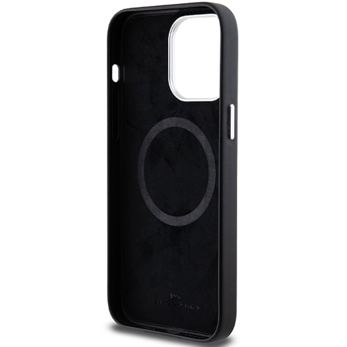 Custodia nera per telefono con grande foro per fotocamera e area di ricarica magnetica circolare interna.
