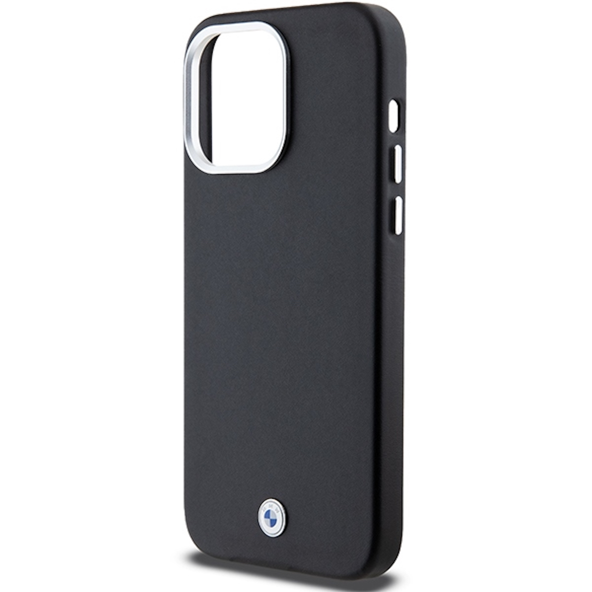 Custodia nera per iPhone con anello fotocamera argentato e logo BMW in basso.