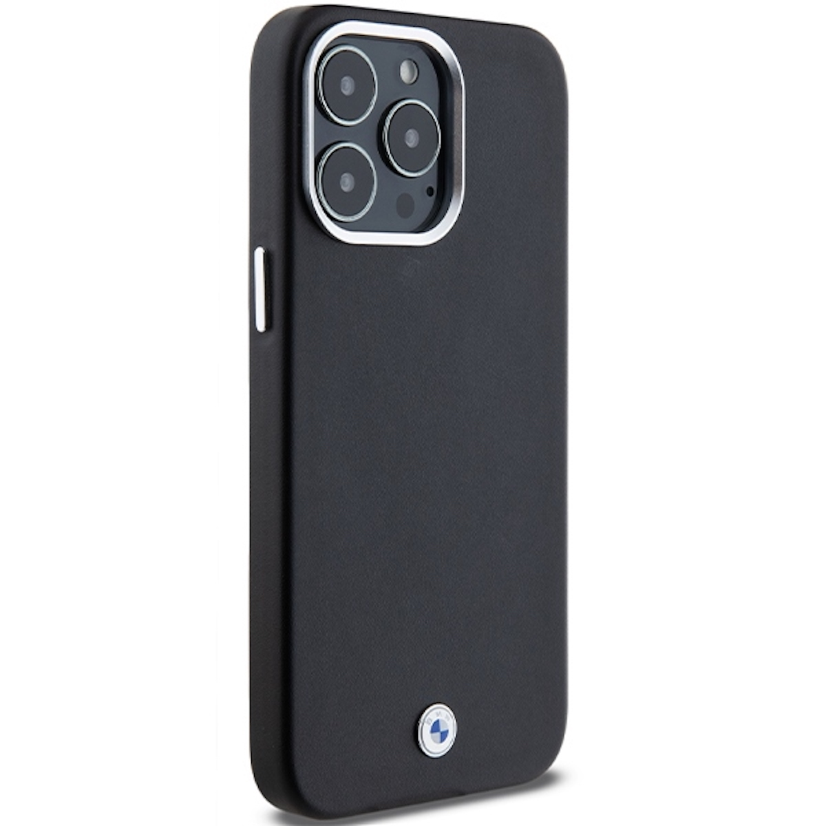 Custodia per telefono nera con ritagli per fotocamera e logo BMW su sfondo bianco.