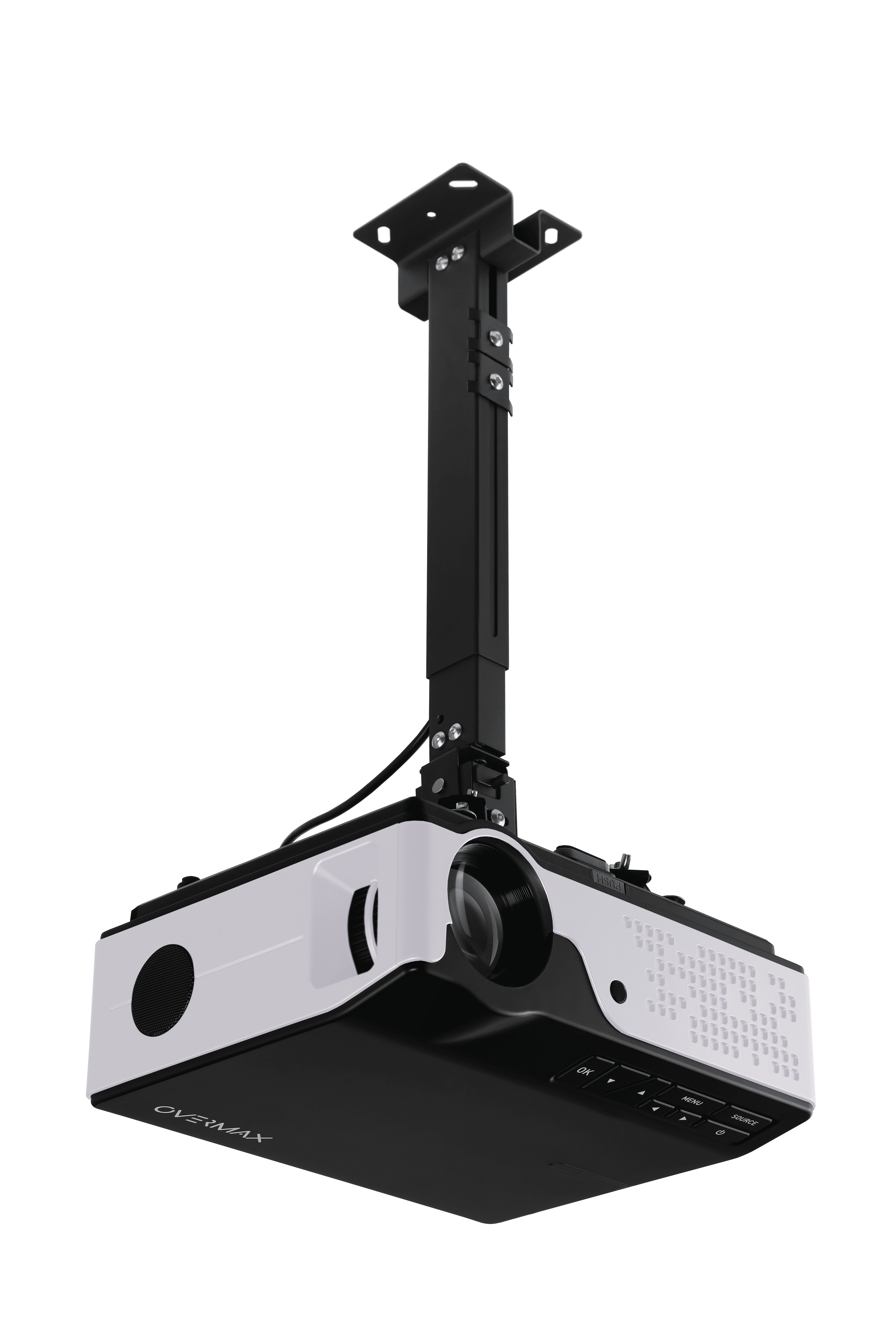 Biało-czarny projektor wiszący na czarnym uchwycie sufitowym na czarnym tle.